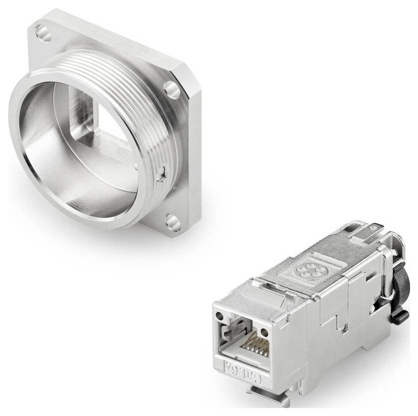 Ein metallisches kreisförmiges Anschlussgehäuse neben einem Ethernet-Stecker. Der Stecker ist so ausgerichtet, dass seine gezackte Schnittstelle zu sehen ist und Konnektivität andeutet.