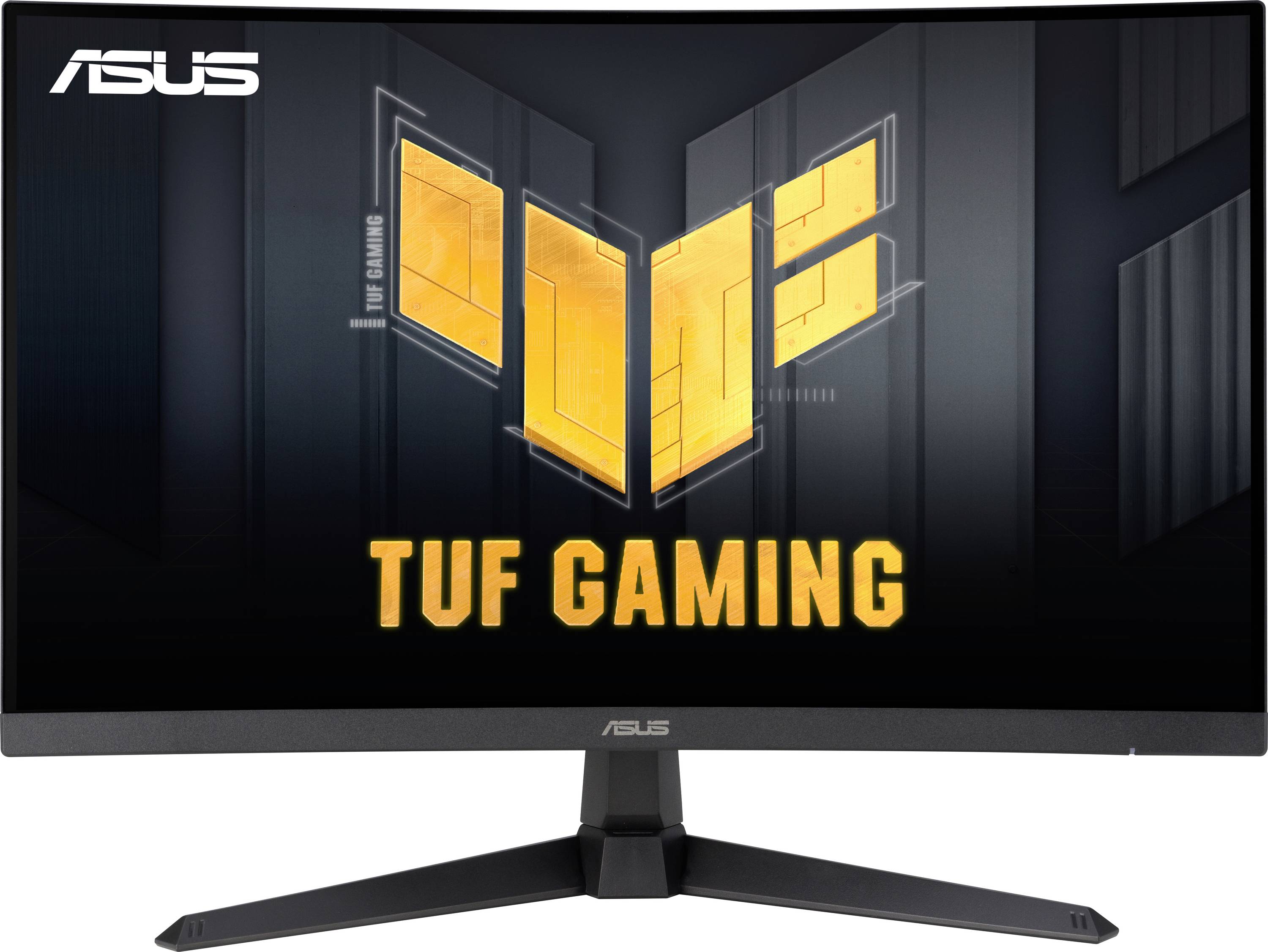 ASUS TUF Gaming Monitor mit elegantem, randlosem Design und stabilem Ständer, mit ASUS-Logo und 'TUF Gaming'-Schriftzug auf dem Bildschirm.