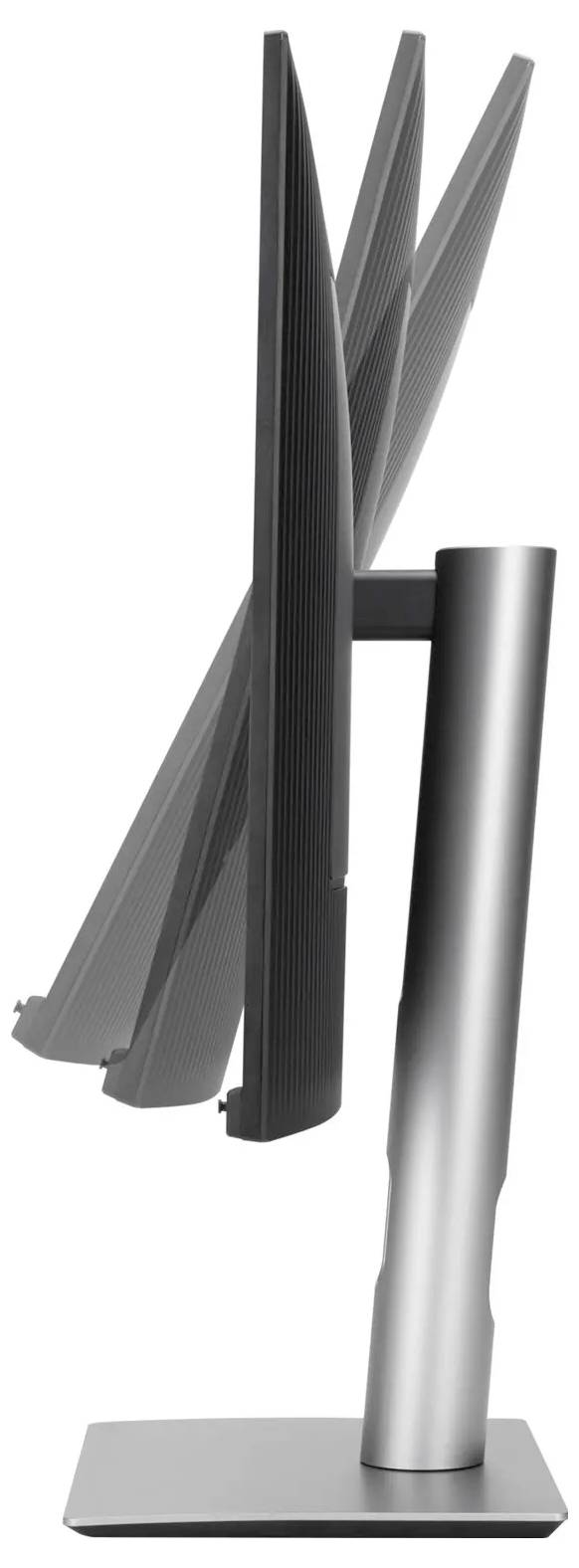 Ein Computermonitor mit einem schlanken silbernen Ständer, von der Seite gezeigt, mit dem Display in verschiedenen Neigungswinkeln.