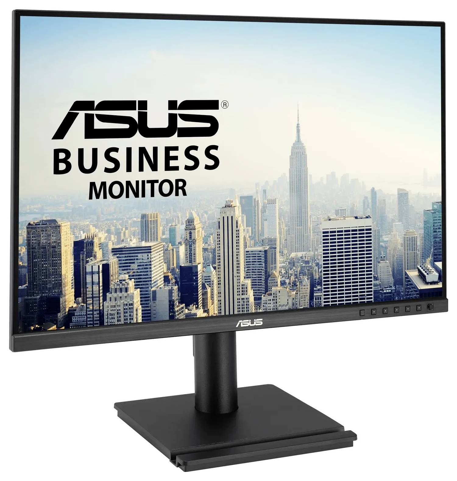 ASUS Business Monitor zeigt eine Stadtsilhouette mit Wolkenkratzern und dem Empire State Building im Hintergrund.