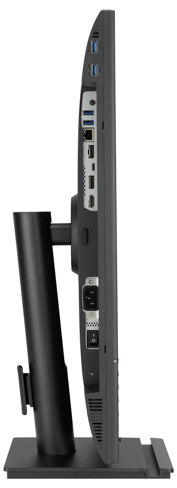 Eine Seitenansicht eines dünnen, schwarzen Computermonitors, der verschiedene Anschlüsse wie USB und HDMI zeigt, mit einem verstellbaren Ständer.