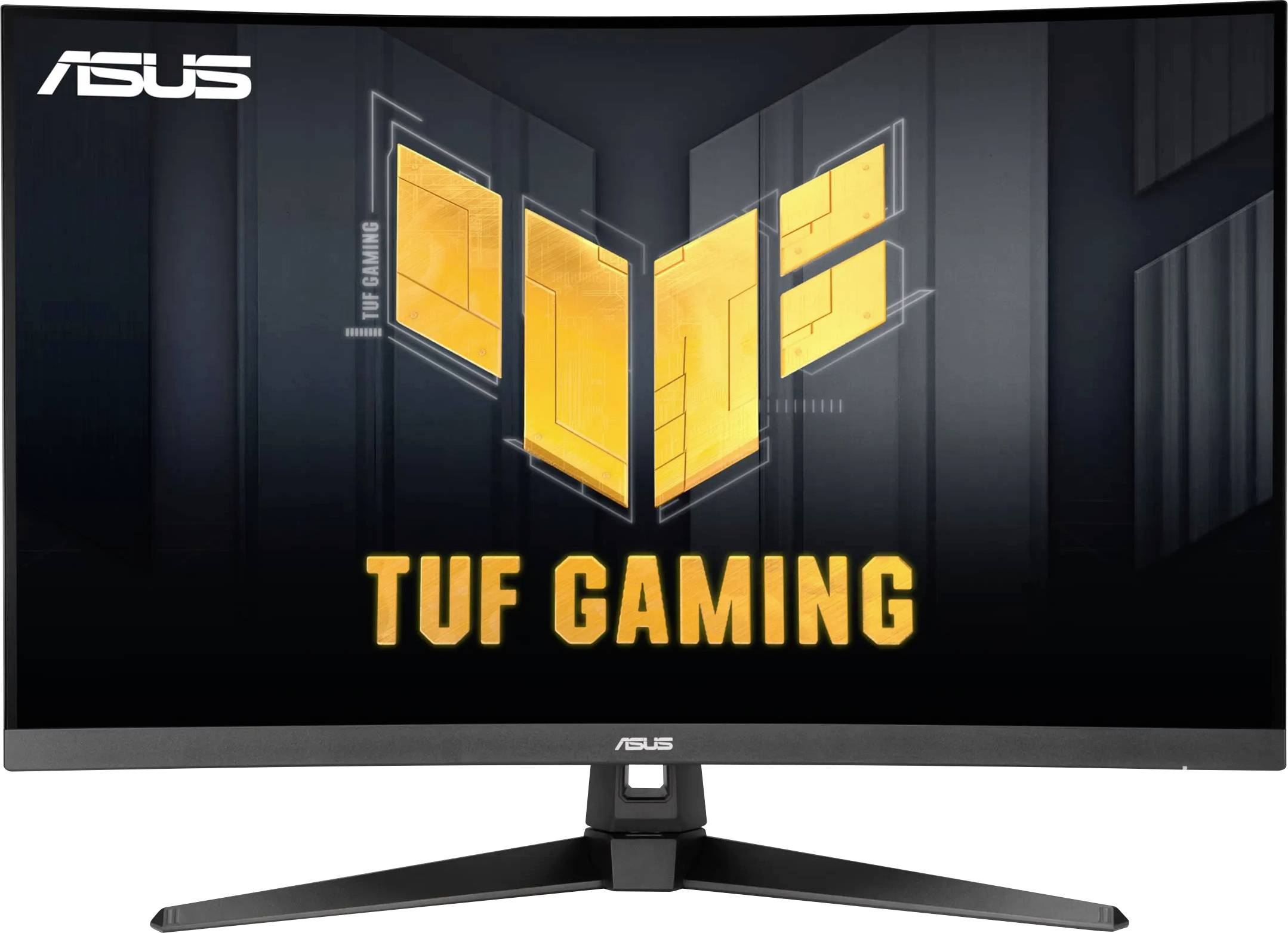 Gebogener ASUS TUF Gaming-Monitor mit einem markanten gelben Logo auf dem Bildschirm, der seinen Spielfokus und sein immersives Displaydesign hervorhebt.