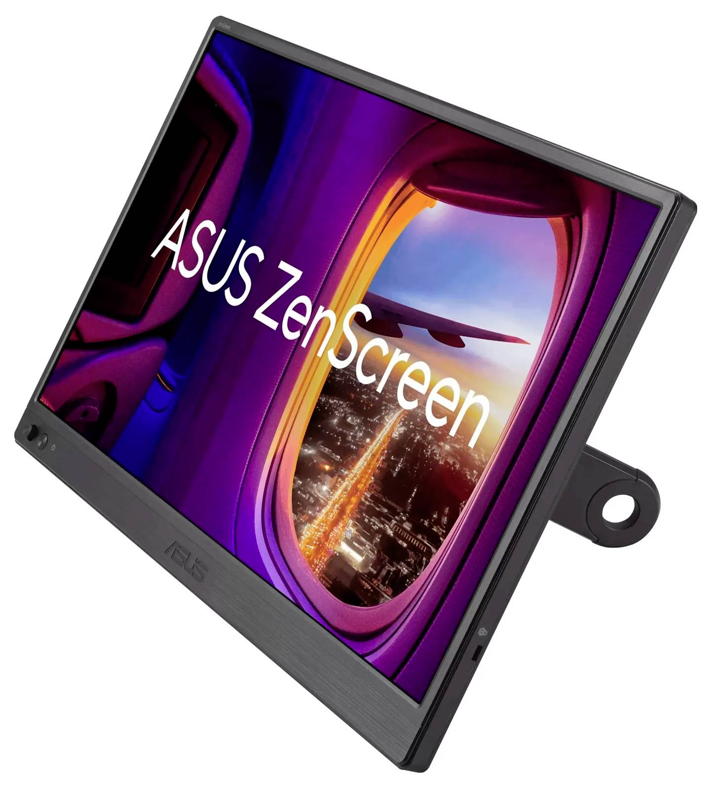 Ein Asus ZenScreen Portablemonitor, der eine Aufnahme eines Sonnenuntergangs durch ein Flugzeugfenster zeigt und dabei sein reisefreundliches Design hervorhebt.