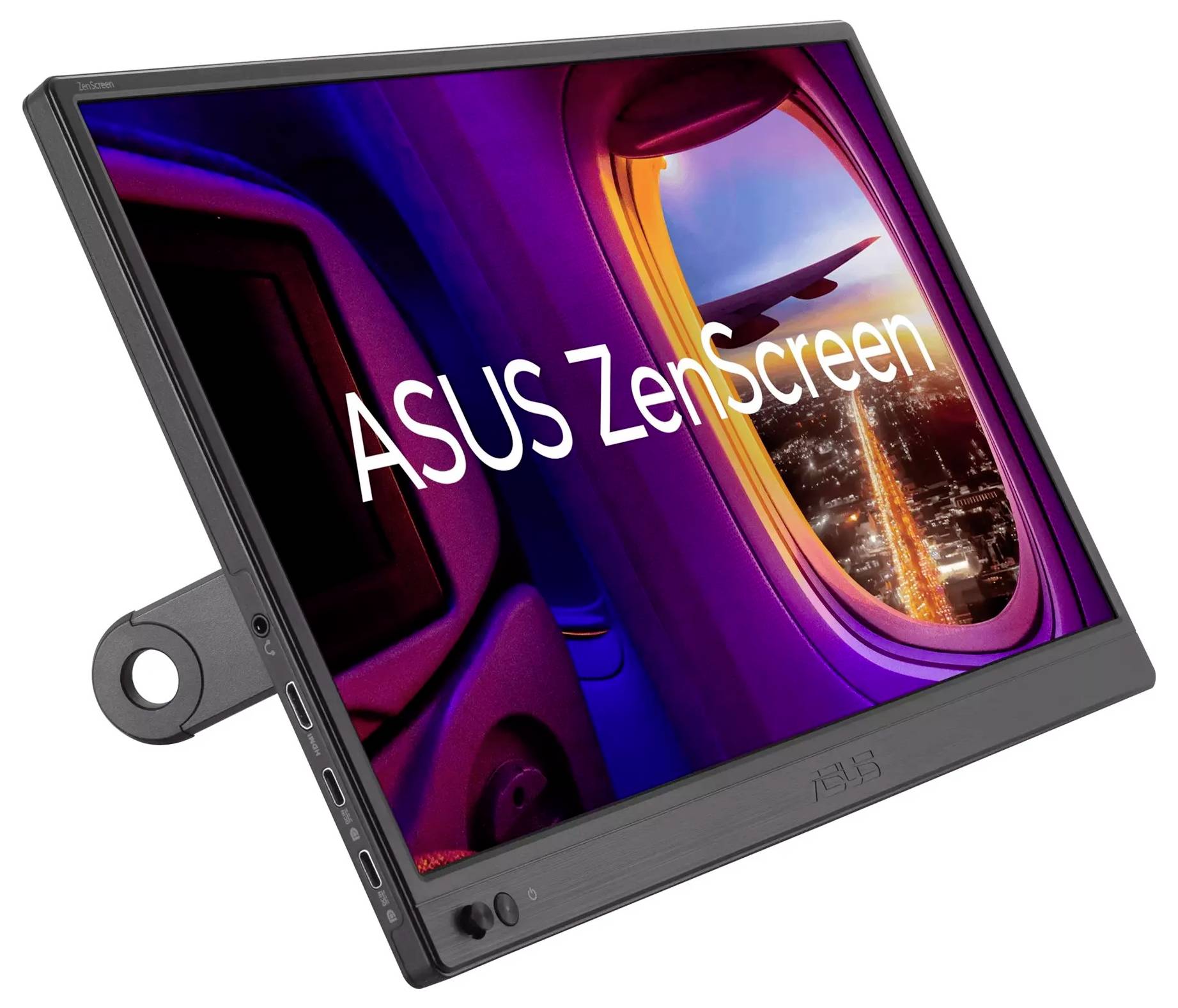 Ein tragbarer ASUS ZenScreen Monitor, der eine Flugzeugfensteransicht mit einem Sonnenunterganghimmel und Stadtlichtern zeigt und dabei Reisen oder Mobilität betont.