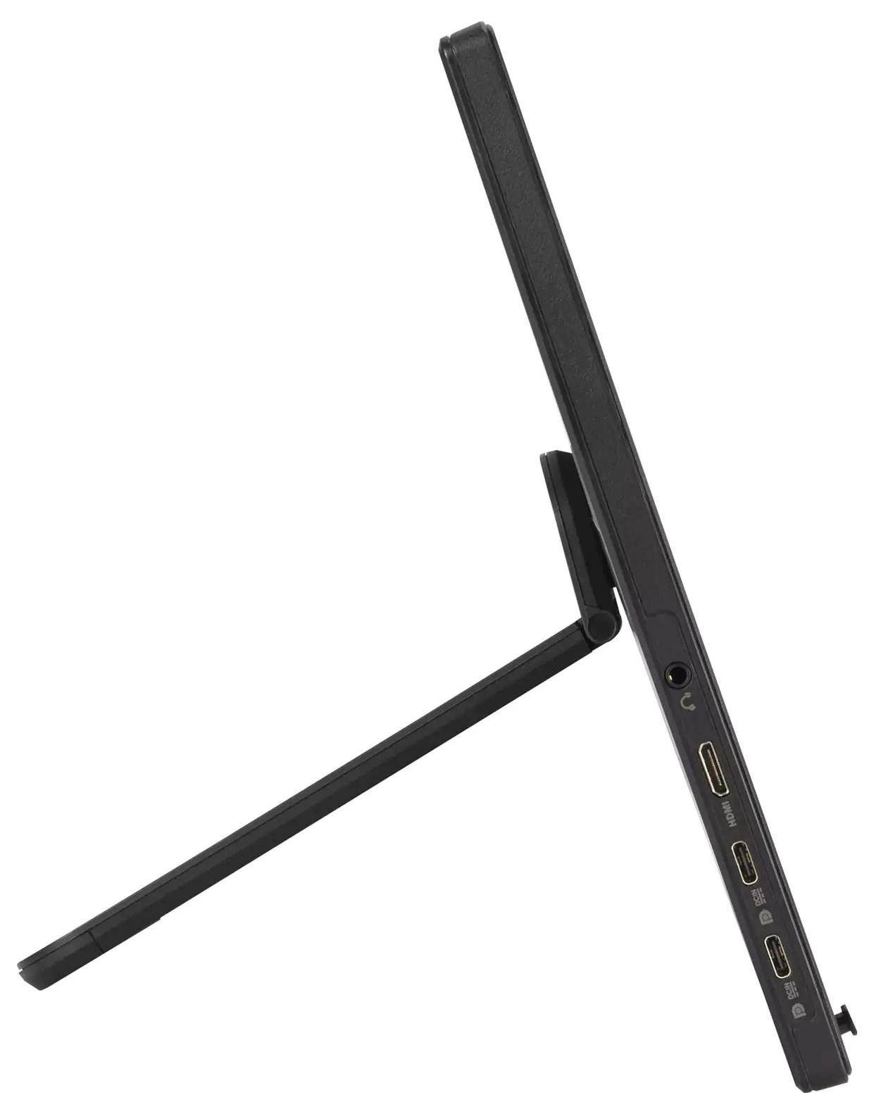 Seitenansicht eines Tablets mit integriertem Ständer. Anschlüsse und Steckplätze für Konnektivität sind am Rand des Geräts sichtbar.