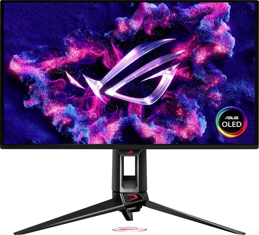 Ein Gaming-Monitor, der ein lebendiges, abstraktes Design mit einem markanten digitalen Logo in der Mitte zeigt.