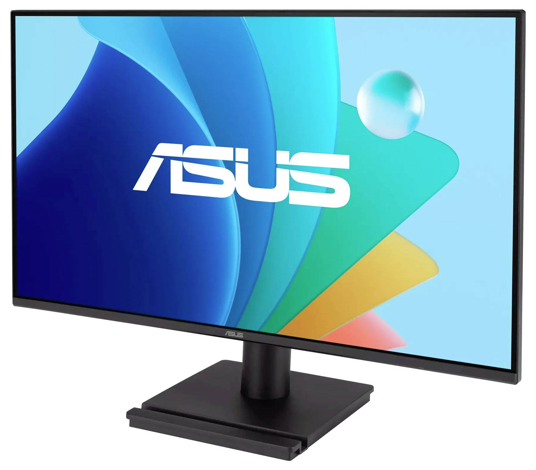 Ein Computermonitor, der einen lebhaften abstrakten Hintergrund zeigt, mit dem Wort 'ASUS' prominent in der Mitte.