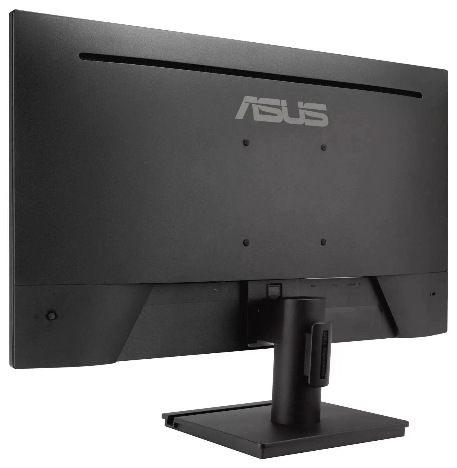 Ein schwarzer ASUS-Computermonitor, von hinten betrachtet, zeigt den Ständer und das Logo in der oberen Mitte.