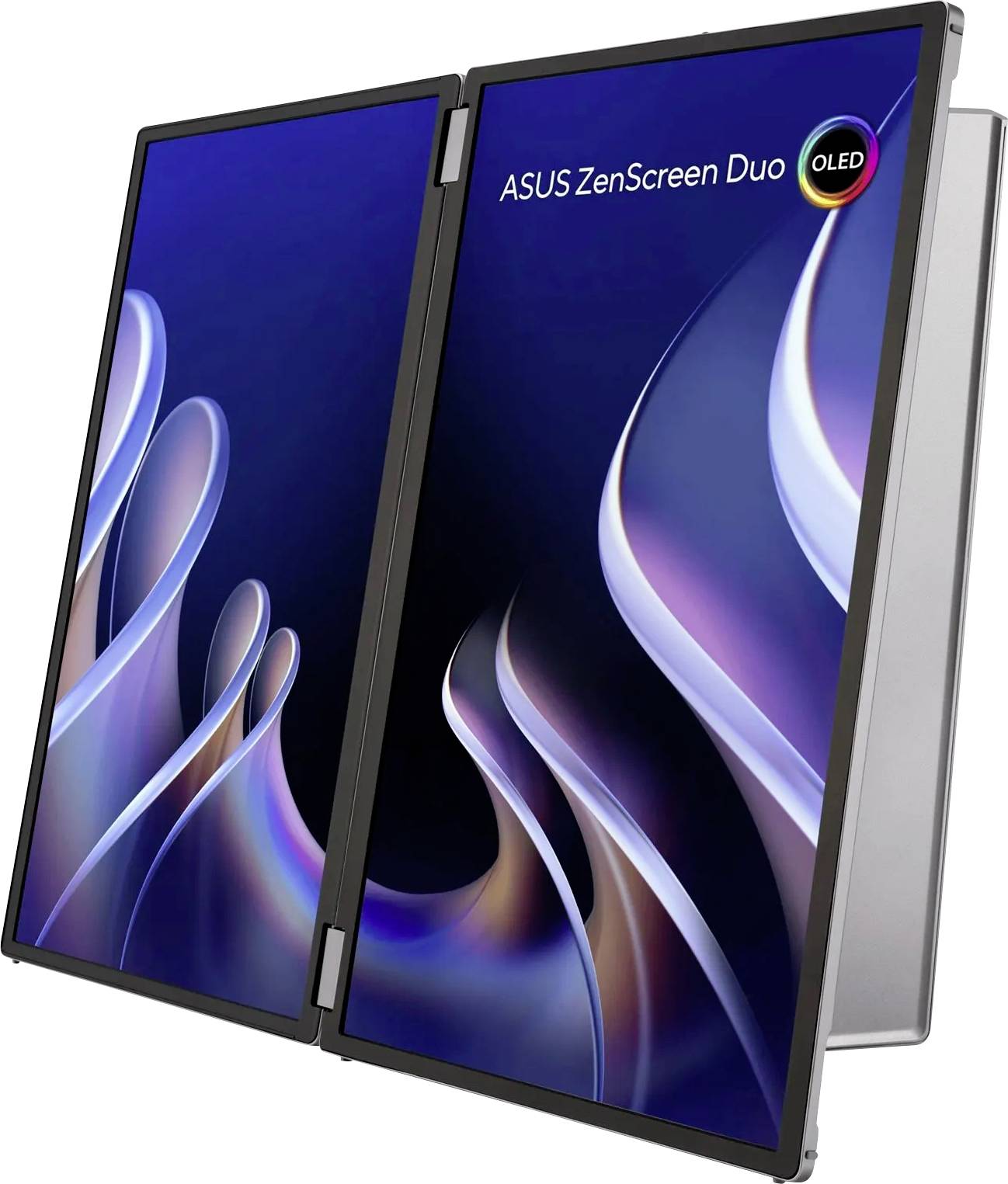 ASUS ZenScreen Duo OLED zeigt zwei Bildschirme mit abstrakten Wellengrafikeffekten und unterstreicht die vielseitigen Multitasking-Fähigkeiten.