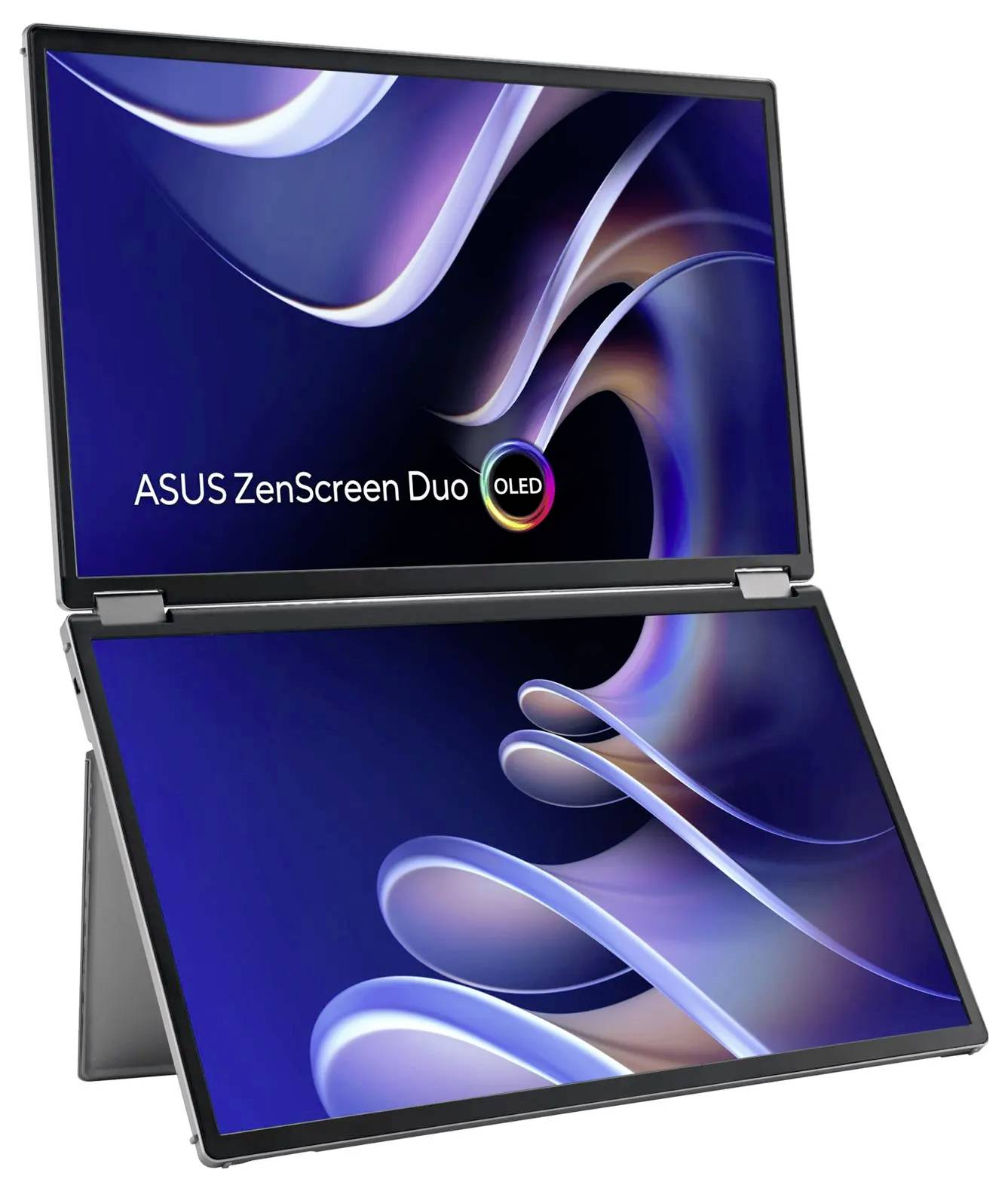 Ein Laptop mit zwei Bildschirmen vom Typ ASUS ZenScreen Duo OLED, der abstrakte Wellenmuster auf beiden Bildschirmen zeigt und auf einem Ständer positioniert ist.