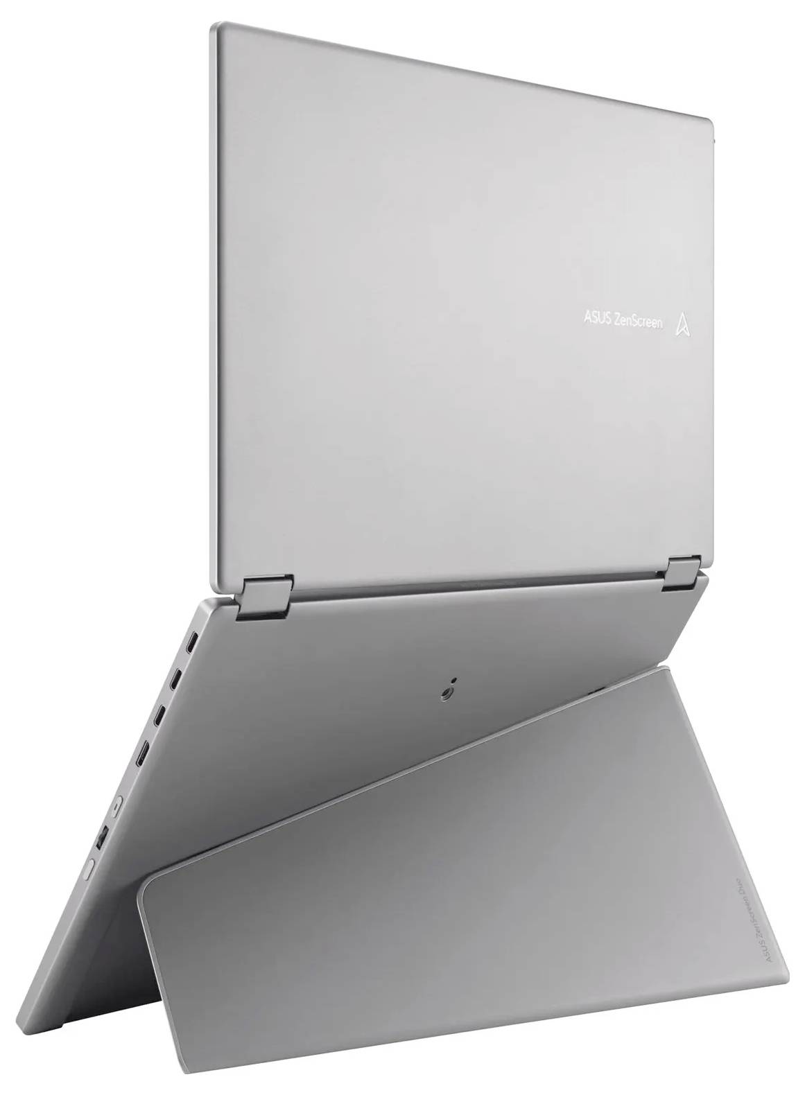 Silberner ASUS ZenBook Laptop, von der Seite gezeigt, mit dünnem, elegantem Design, teilweise geöffnet, wobei seine Portabilität hervorgehoben wird.