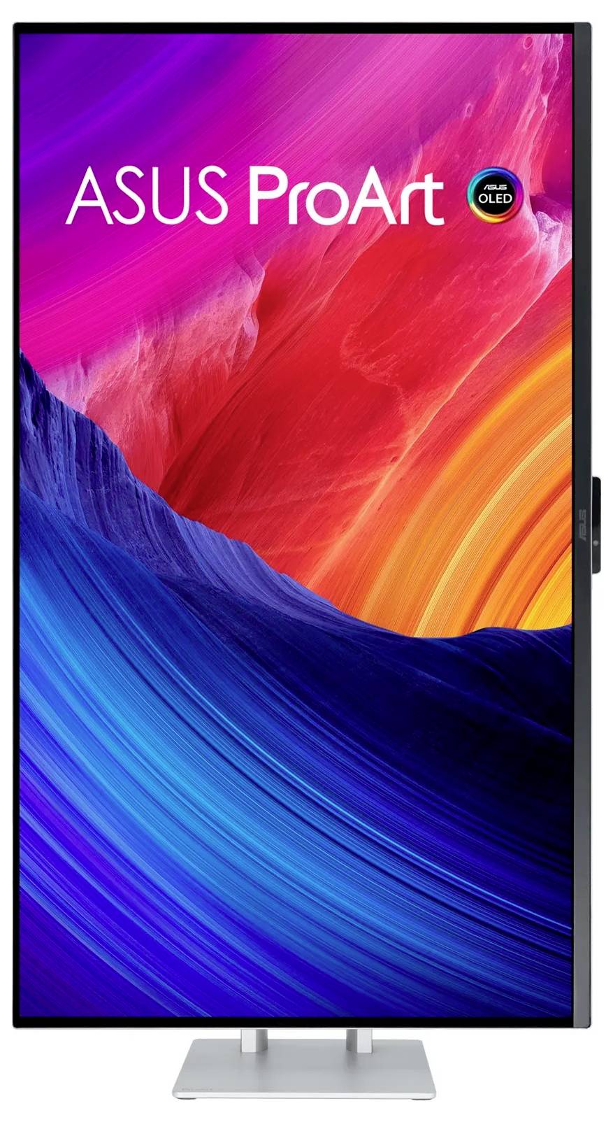 Ein vertikales Display, das abstrakte Kunst mit lebhaften rot-, blau- und orangefarbenen Farben präsentiert. Die linke obere Ecke zeigt die Beschriftung 'ASUS ProArt OLED'.