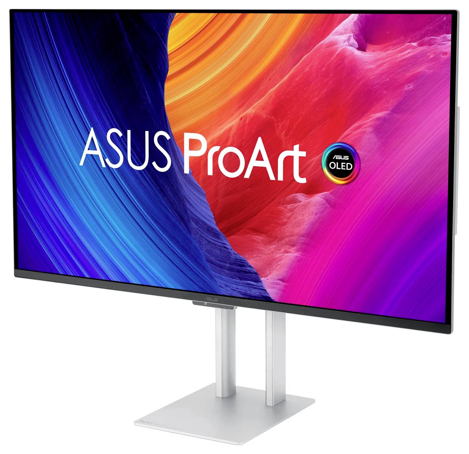 ASUS ProArt OLED-Monitor, der leuchtende Farben zeigt und einen künstlerischen Farbverlauf auf dem Bildschirm präsentiert.