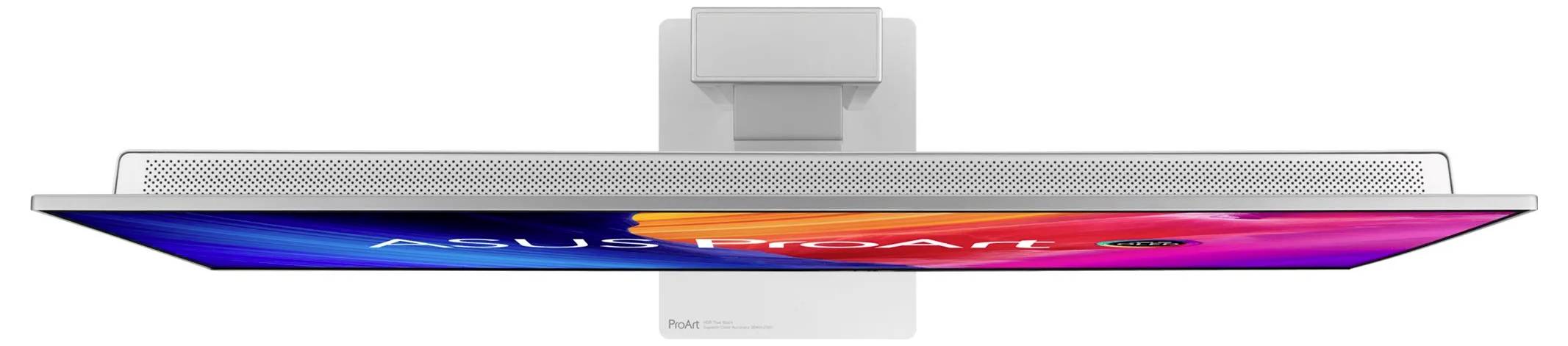 Draufsicht eines wandmontierten Asus ProArt-Displays, das seinen dünnen Rahmen und seinen brillanten Bildschirm zeigt.