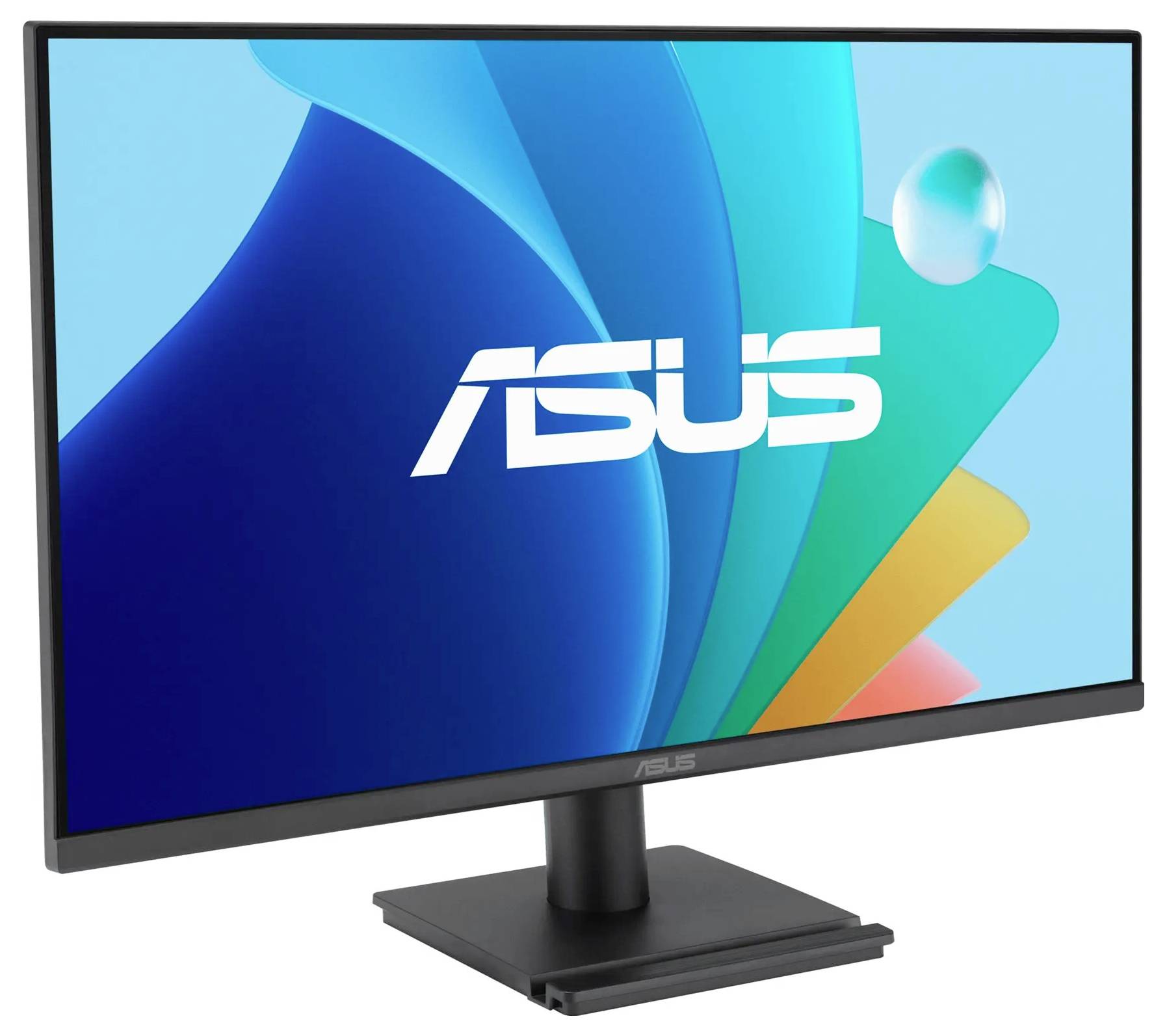 Ein schlanker Computermonitor, der einen bunten abstrakten Hintergrund zeigt, mit dem 'ASUS' Logo in der Mitte, der Markenerkennung präsentiert.