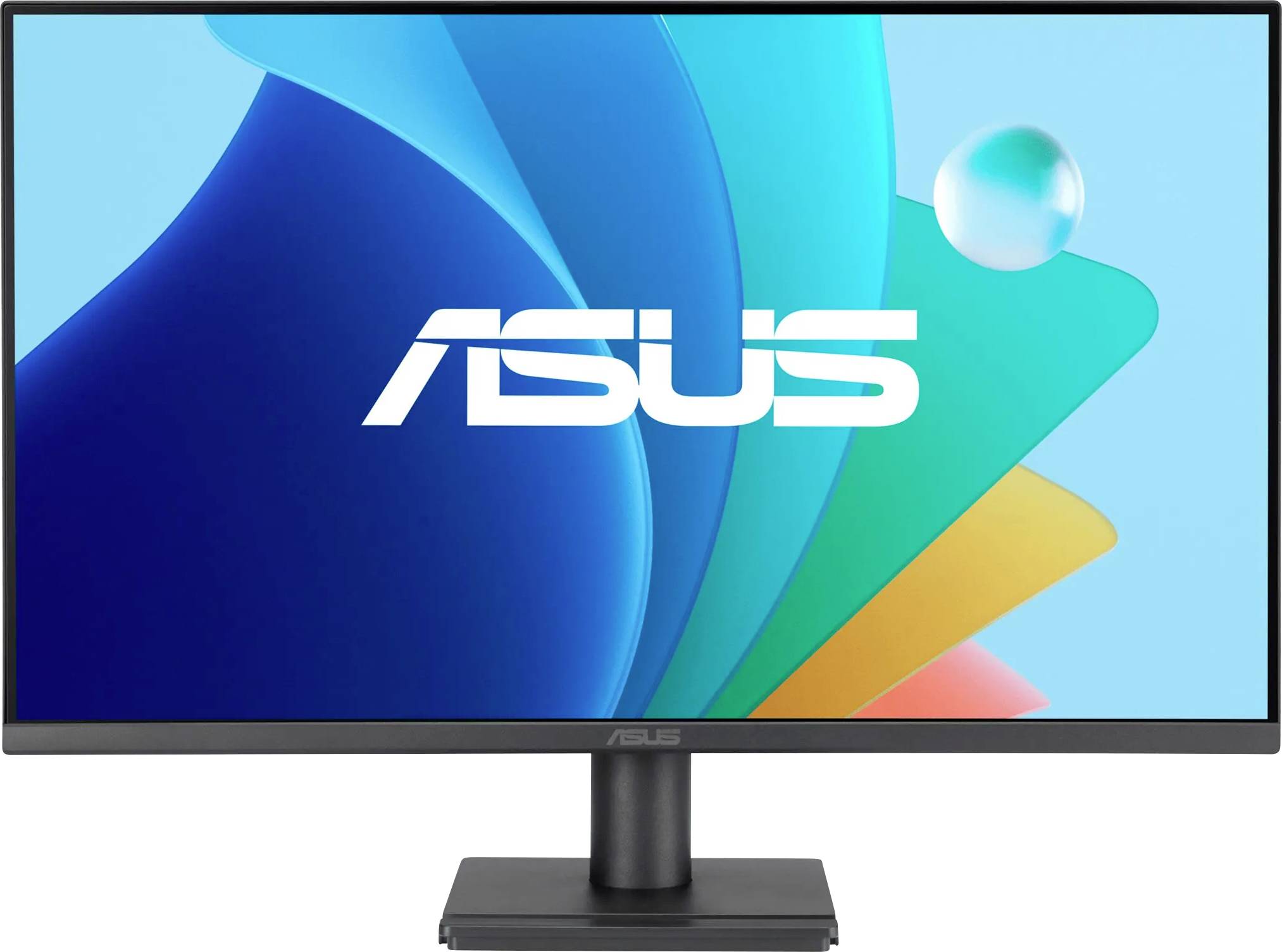 ASUS-Computermonitor mit einem farbenfrohen abstrakten Hintergrund-Display.