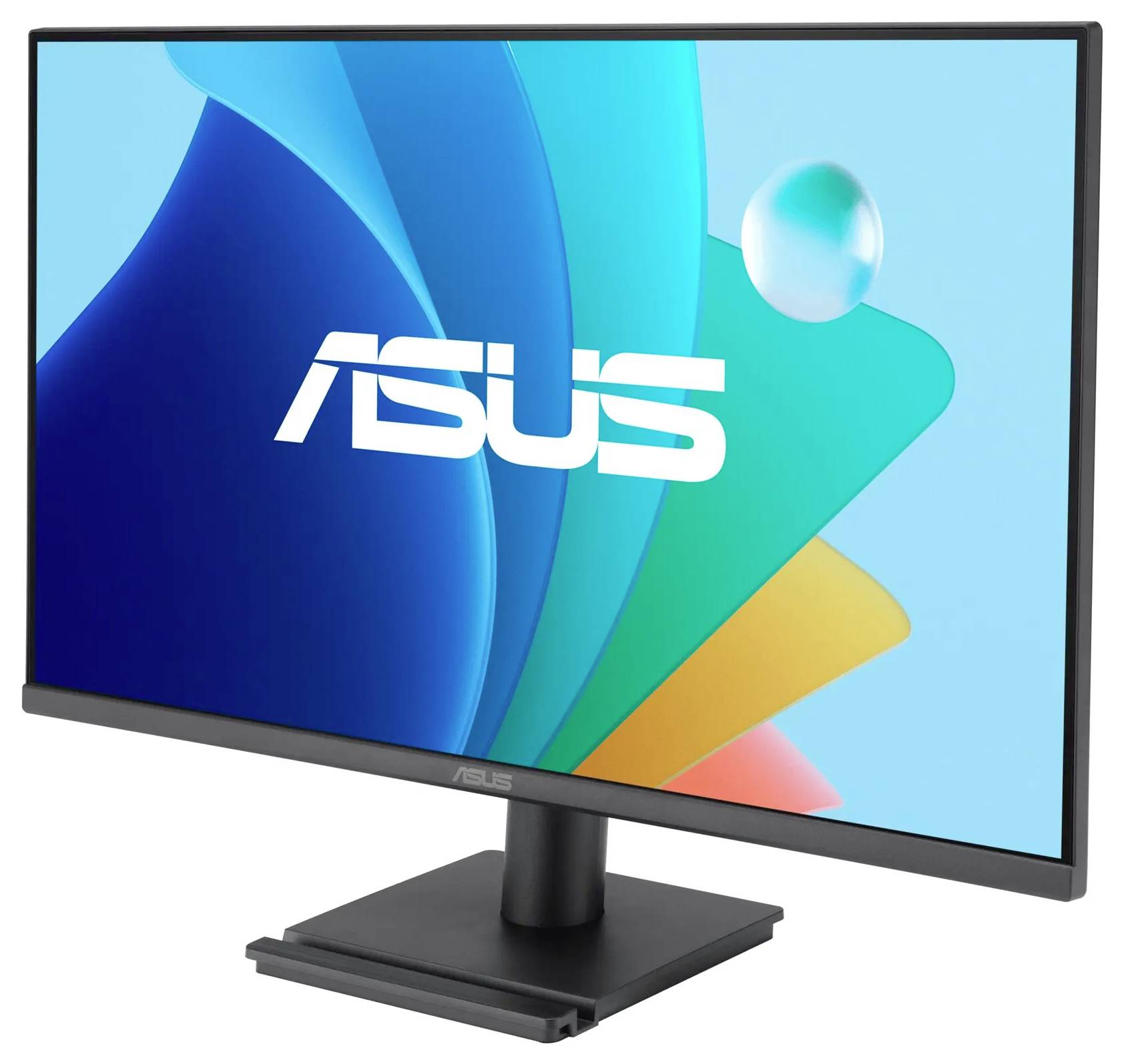 Ein Computermonitor mit einem 'ASUS'-Logo auf dem Bildschirm. Der Hintergrund auf dem Bildschirm ist farbenfroh und abstrakt.