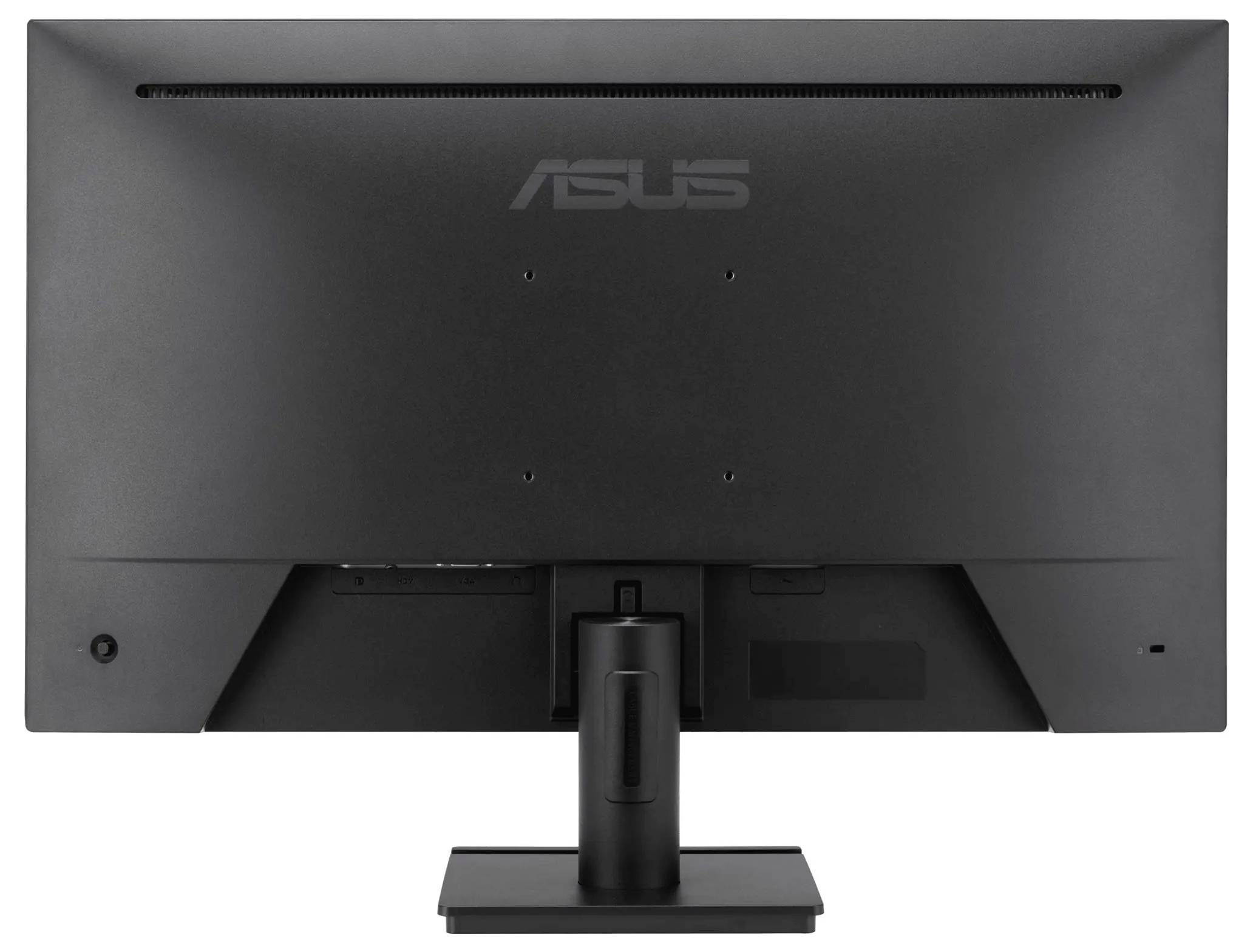 Rückansicht eines schwarzen Computermonitors auf einem Ständer, die Anschlüsse und Belüftungsöffnungen zeigend, mit dem ASUS-Logo in der Mitte oben sichtbar.