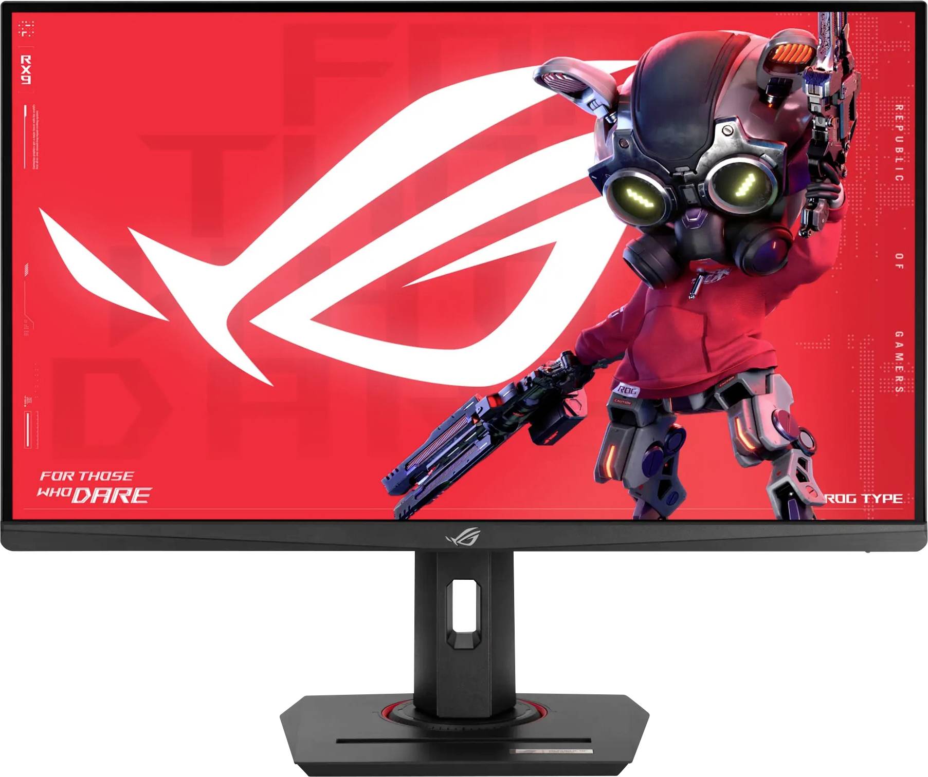 Ein Gaming-Monitor, der einen rotthematisierten Bildschirm zeigt, mit einer Roboterfigur, die eine futuristische Waffe hält, versehen mit dem ROG-Logo und dem Schriftzug „Für diejenigen, die sich trauen