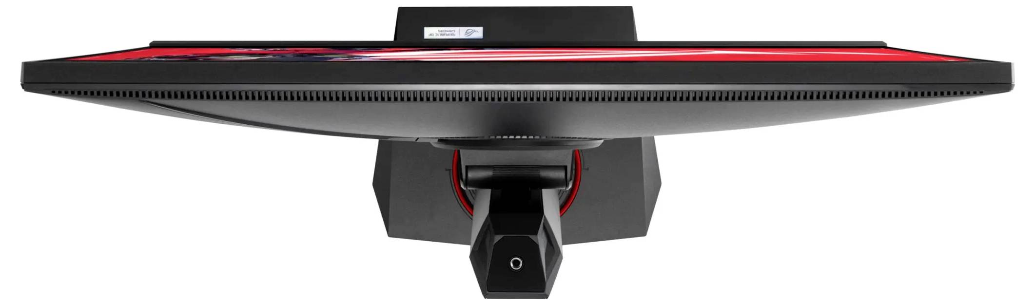 Ein schlanker Computermonitor aus der Draufsicht, der ein schlankes Profil und ein schwarz-rotes Farbschema zeigt.