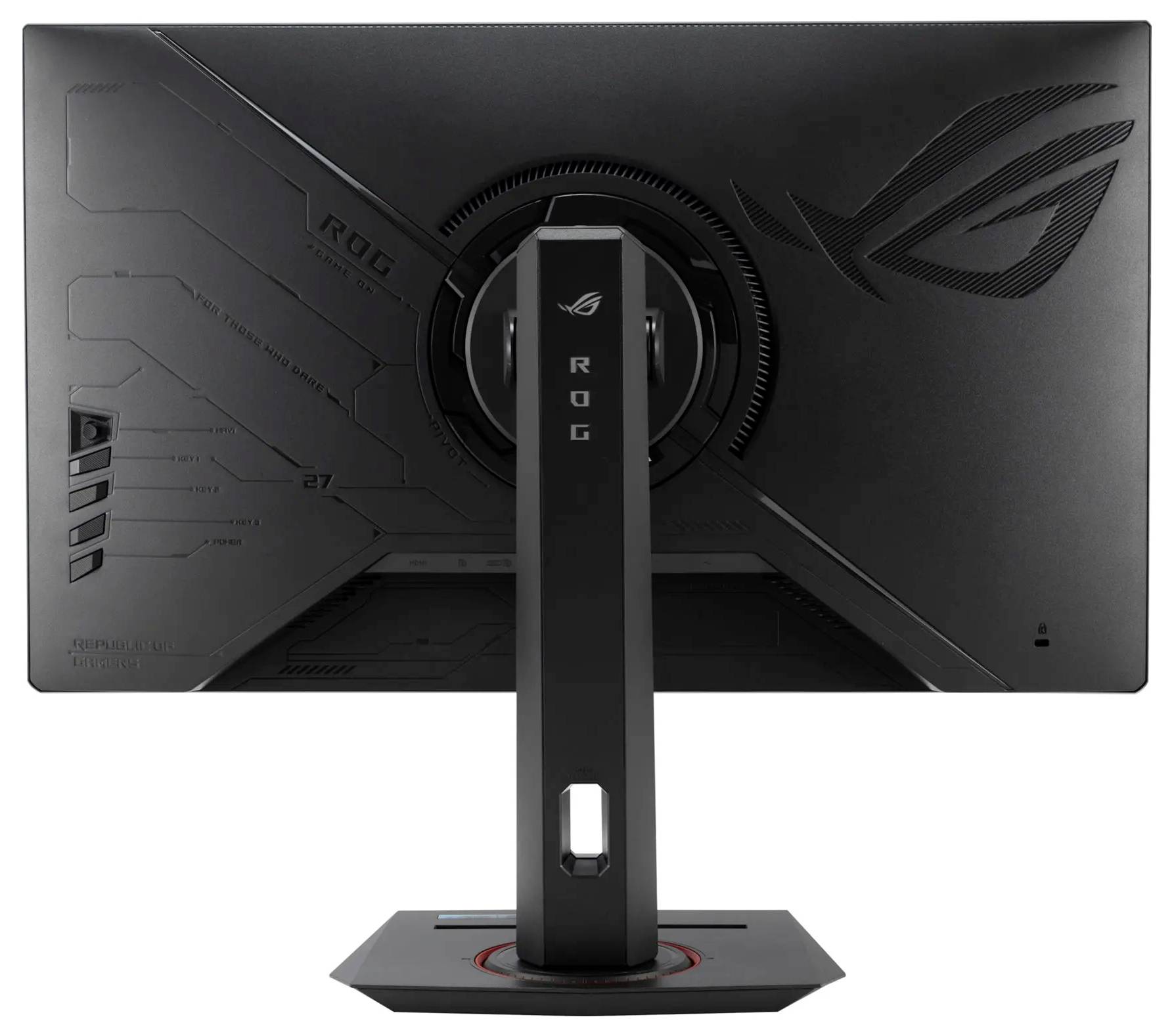 Ein schwarzer Gaming-Monitor von hinten betrachtet, mit elegantem Design, scharfkantigen Mustern, Logo und einer verstellbaren Standfunktion.