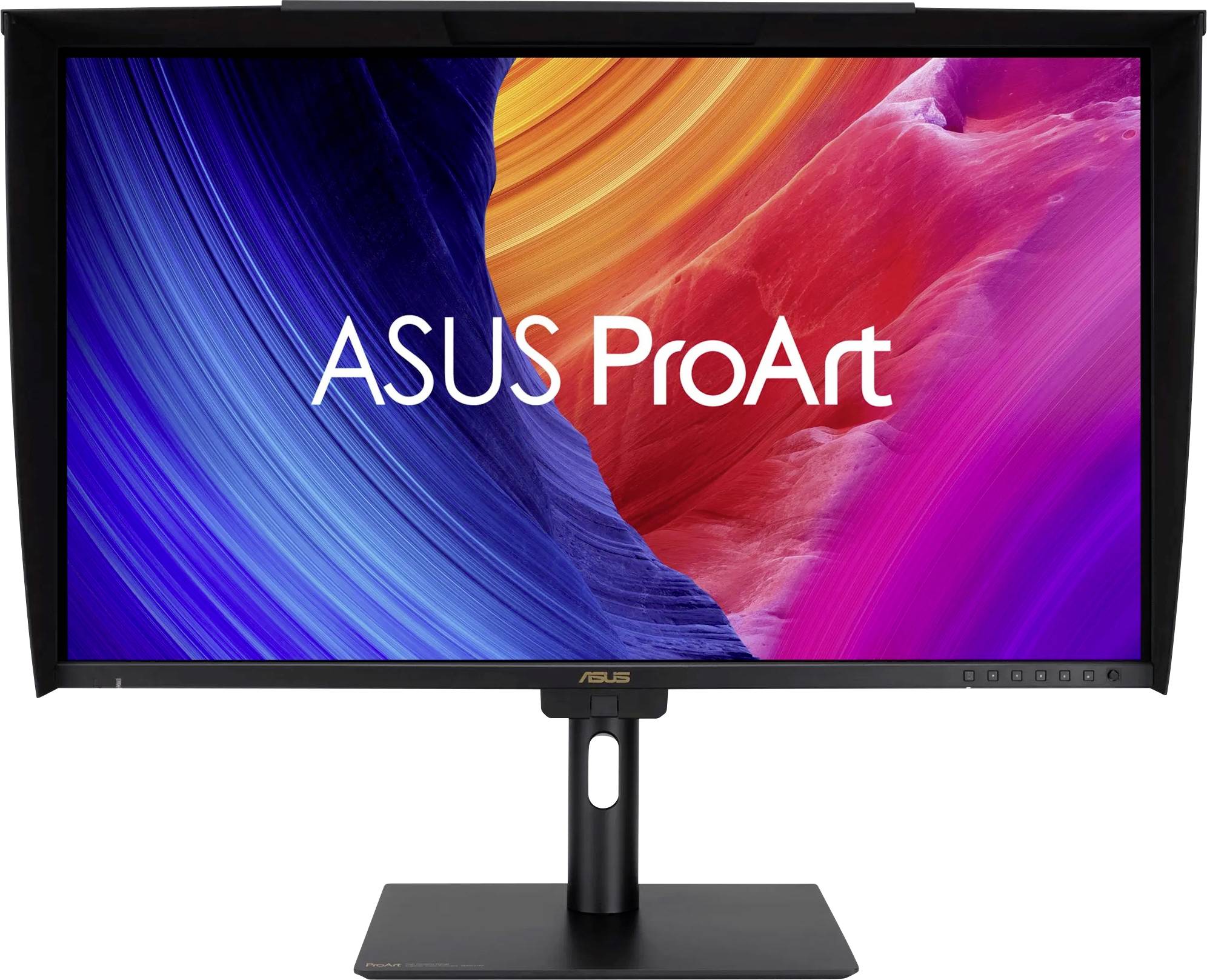 ASUS ProArt Monitor mit einer lebendigen mehrfarbigen Anzeige, die Blau-, Orange- und Rosa-Töne aufweist.