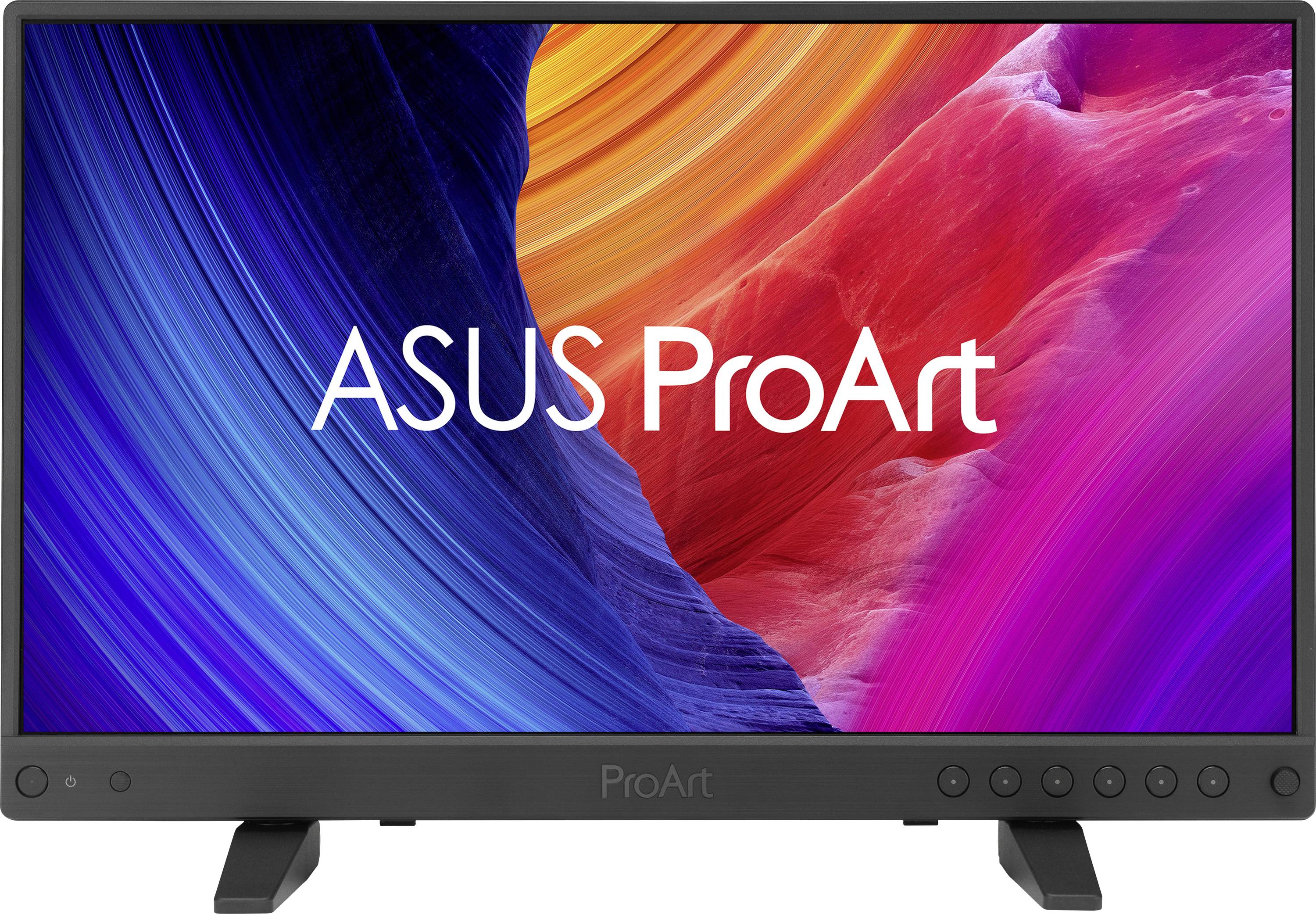 Ein Monitor, der abstrakte Kunst mit blauen, orangefarbenen und pinken Wirbeln in lebhaften Farben zeigt. Der Text 'ASUS ProArt' ist mittig auf dem Bildschirm platziert.
