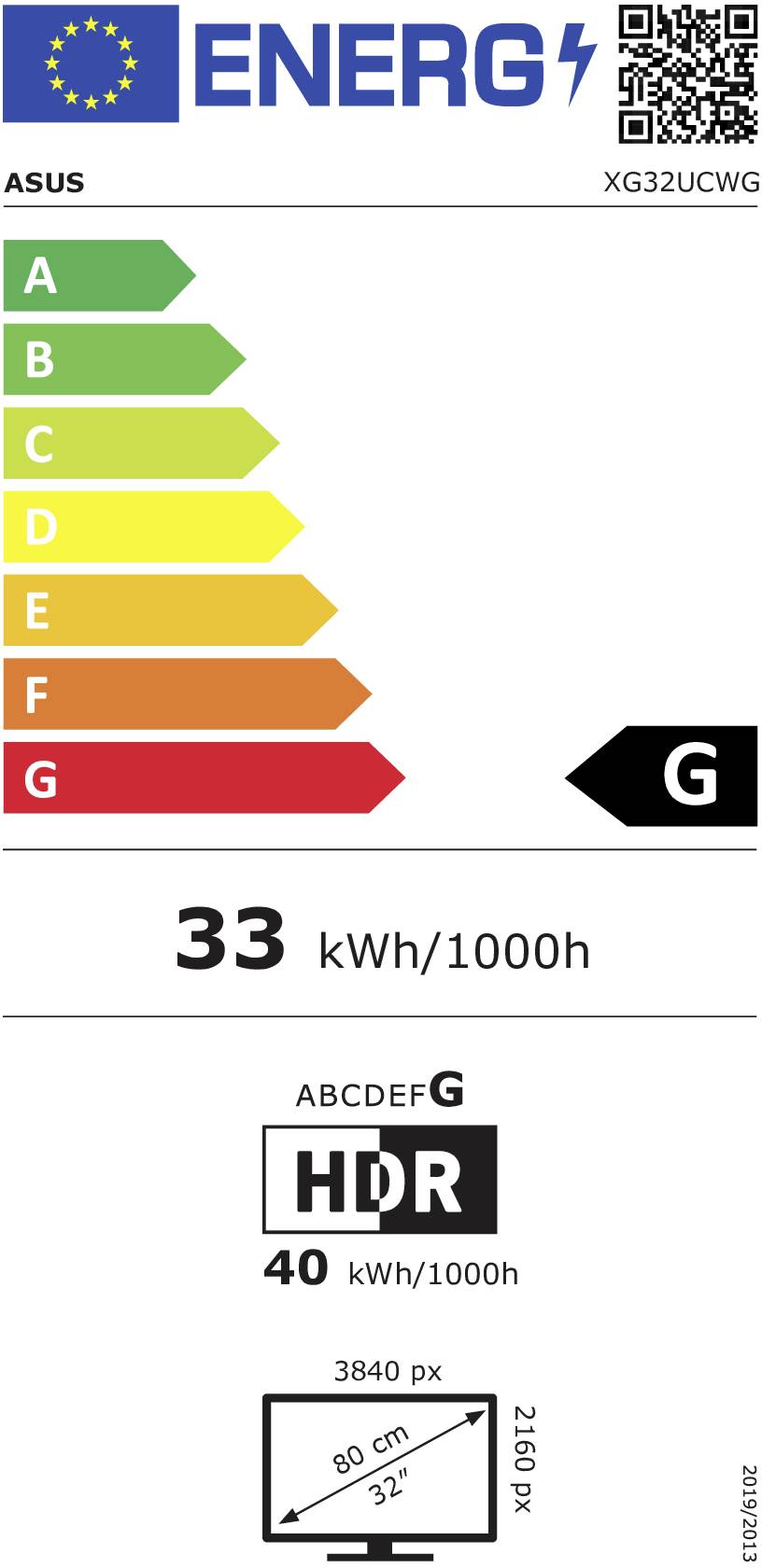 EU-Energielabel für einen ASUS-Monitor mit der Bewertung 'G', der 33 kWh/1000h verbraucht. HDR-Funktion, 3840 px Auflösung, 80 cm Diagonale, 32 Zoll.