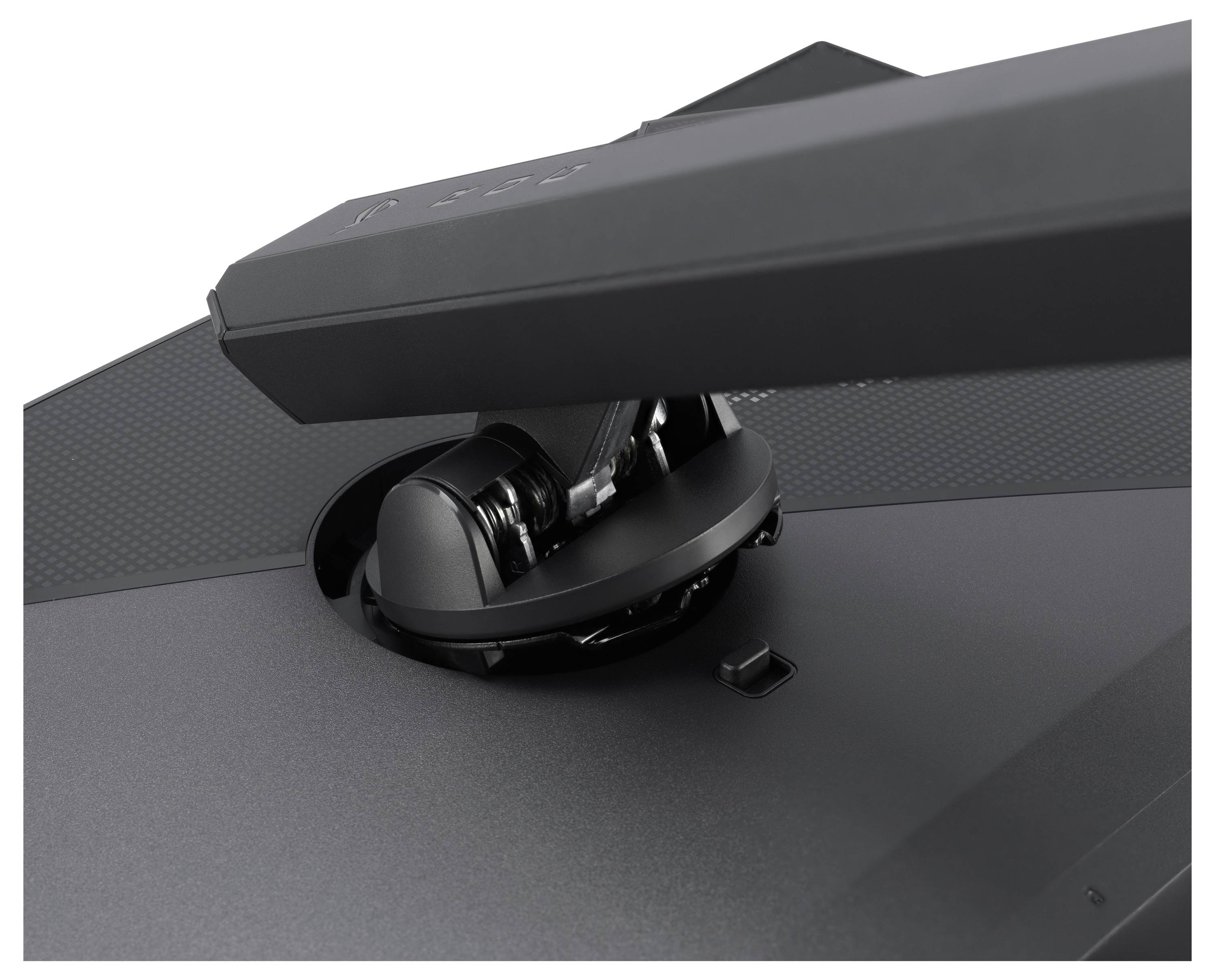 Eine Nahaufnahme des verstellbaren Ständermechanismus eines Computermonitors, die die Gelenkkonstruktion und Basisanbindung für flexible Positionierung hervorhebt.