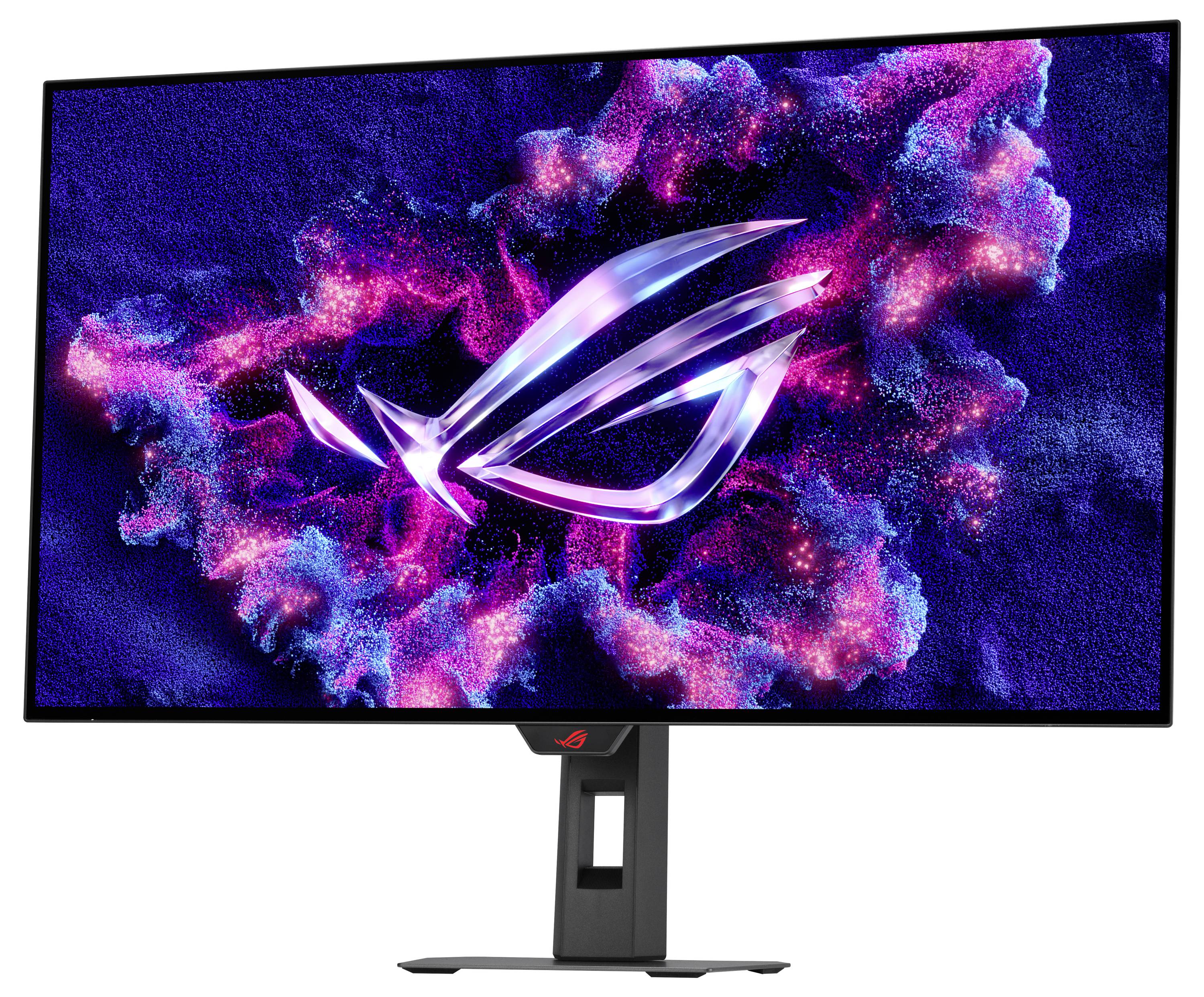 Ein Gaming-Monitor mit einem lebendigen Display zeigt ein abstraktes, farbenfrohes Design, das um ein großes, stilisiertes Logo in der Bildschirmmitte zentriert ist.