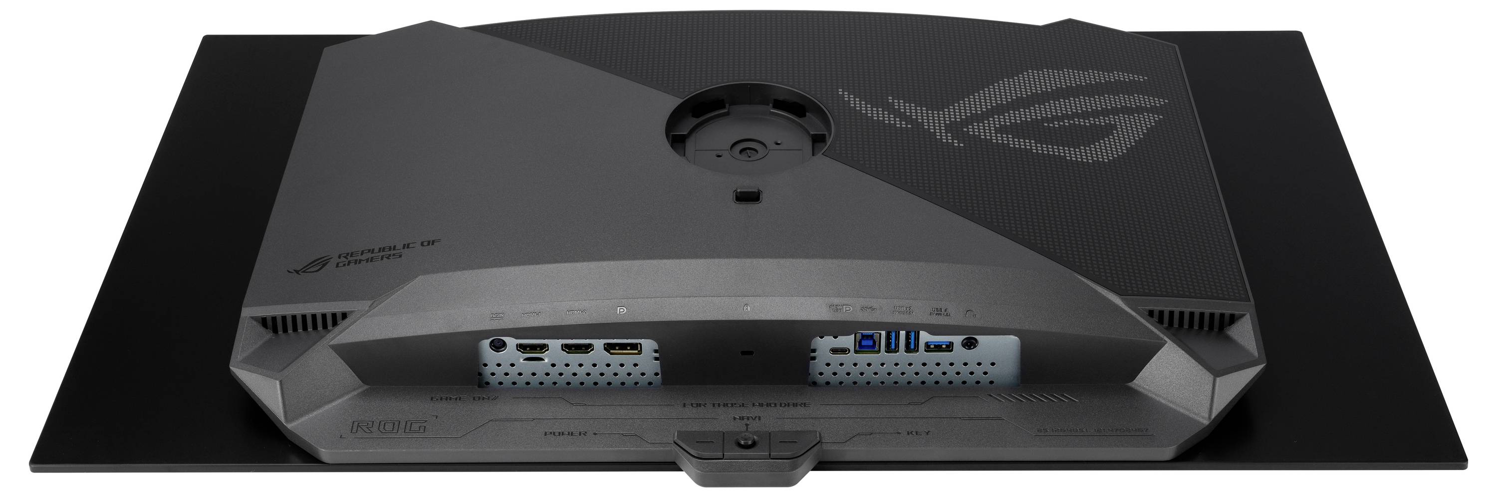 Ein Gaming-Monitor von hinten, der Anschlüsse wie HDMI, DisplayPort, USB und Stromeingang zeigt, mit einem eleganten, abgewinkelten Design.