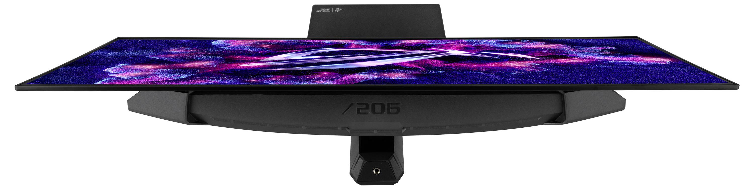 Ein Breitbildmonitor mit einem lebendigen abstrakten Design auf dem Display, von einem niedrigen Winkel aus betrachtet, wobei seine dünne Bauweise und sein elegantes Design betont werden.