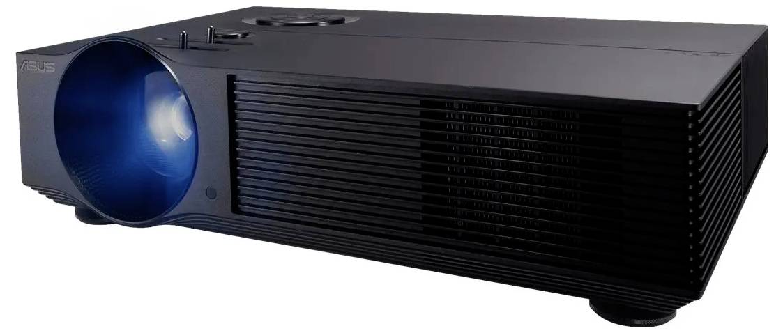 Ein schwarzer Multimediaprojector projiziert ein blaues Licht und zeigt damit an, dass er eingeschaltet und einsatzbereit ist.