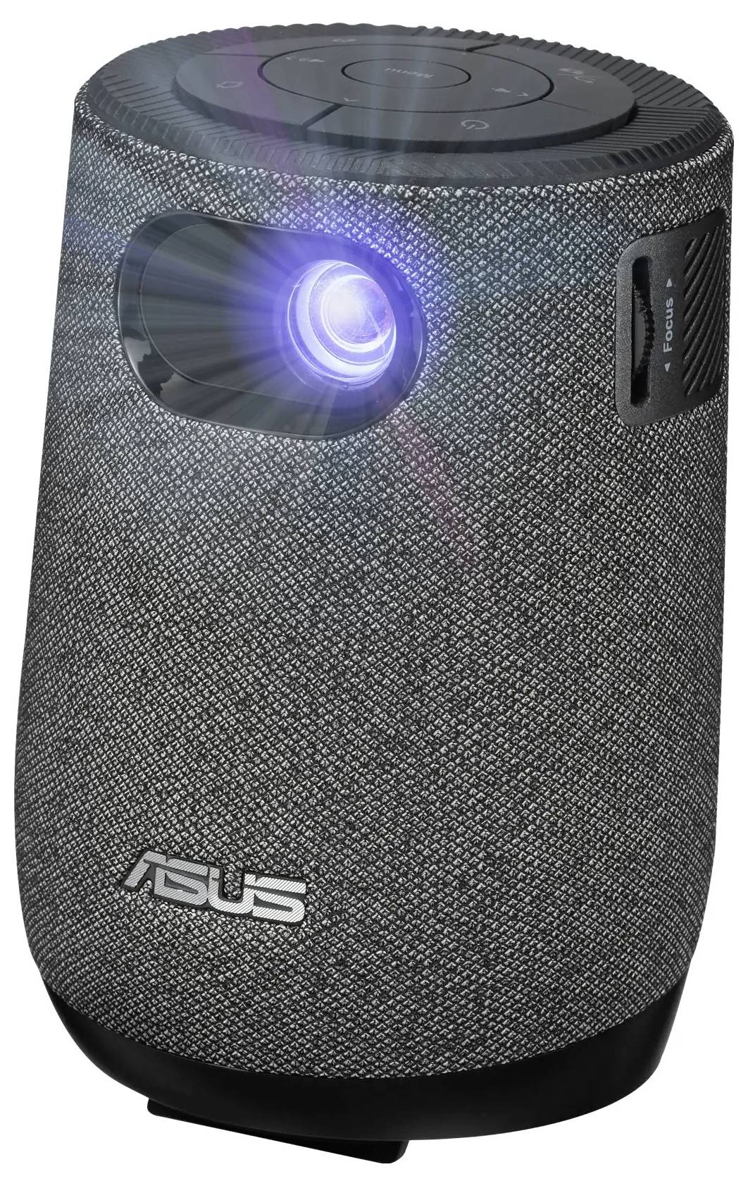 Ein tragbarer, grauer Asus-Projektor mit Stoffstruktur, der blaues Licht ausstrahlt. Die Oberseite verfügt über Bedienungsknöpfe.