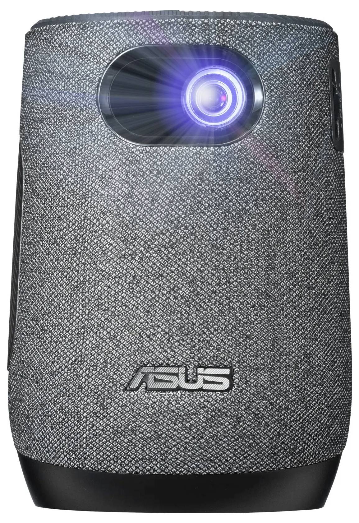 Ein grauer ASUS-Projektor mit einer strukturierten Stoffoberfläche wirft ein blaues Licht.