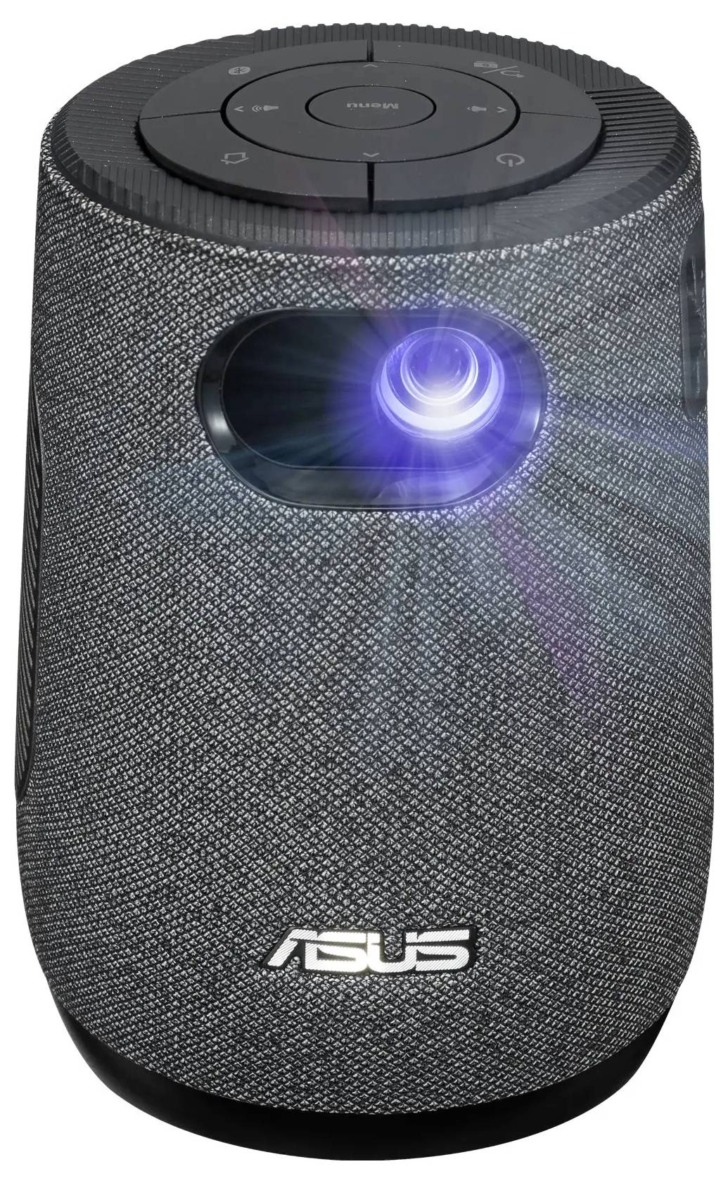 Ein Tisch-Zylinderprojector mit einem Stoffbezug von außen, der ein helles blaues Licht ausstrahlt und am Boden mit dem Logo 'ASUS' versehen ist.