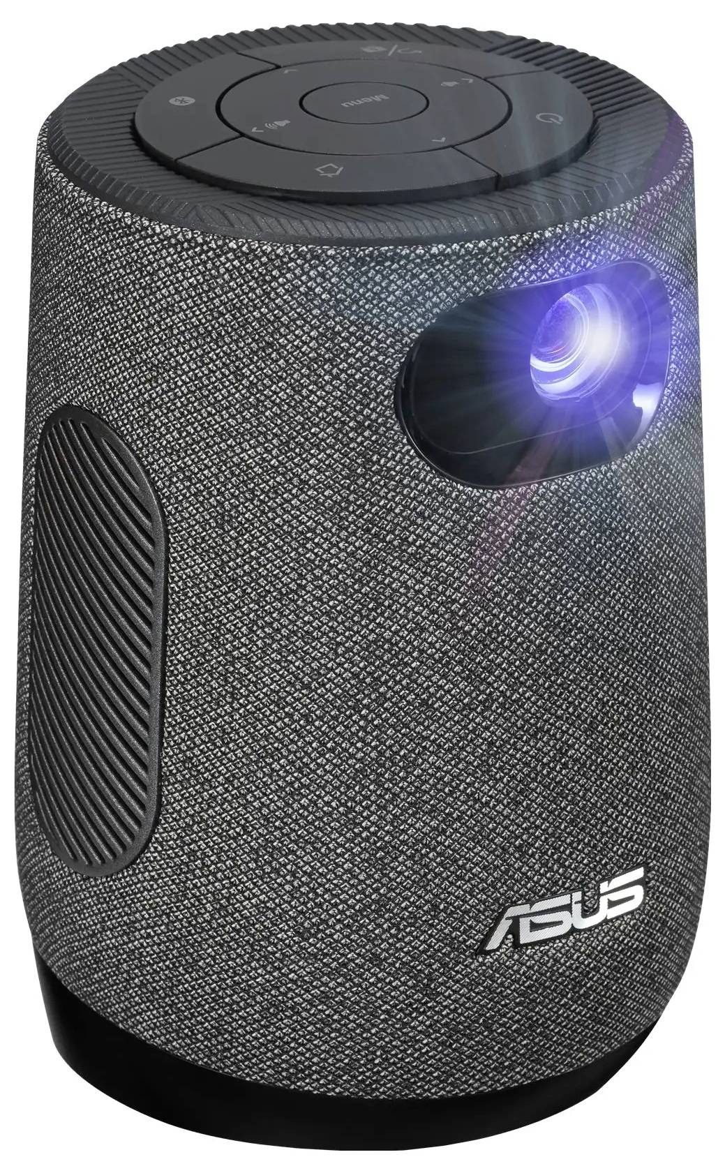 Ein tragbarer schwarzer und grauer Lautsprecher mit Bedienungstasten auf der Oberseite und einer kleinen Projektorlinse, die Licht von vorne abstrahlt.