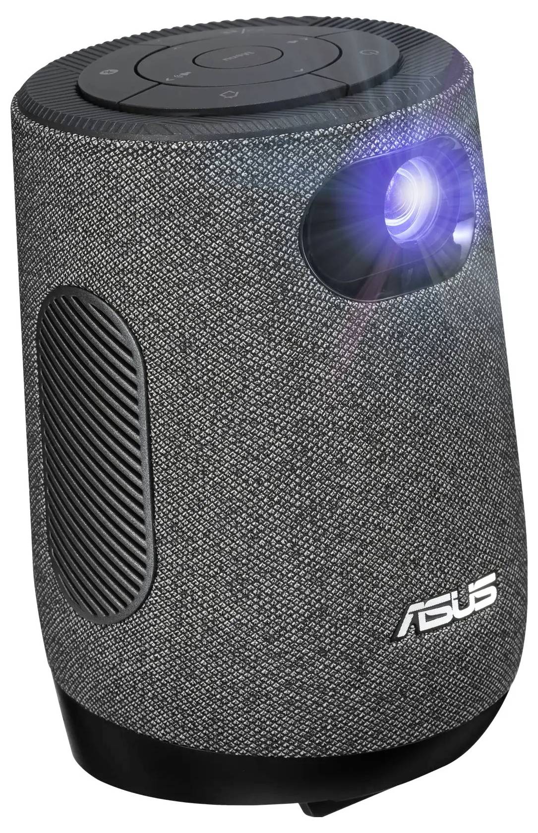 ASUS' tragbarer LED-Projektor mit Stoffaußenhülle, der blaues Licht projiziert.