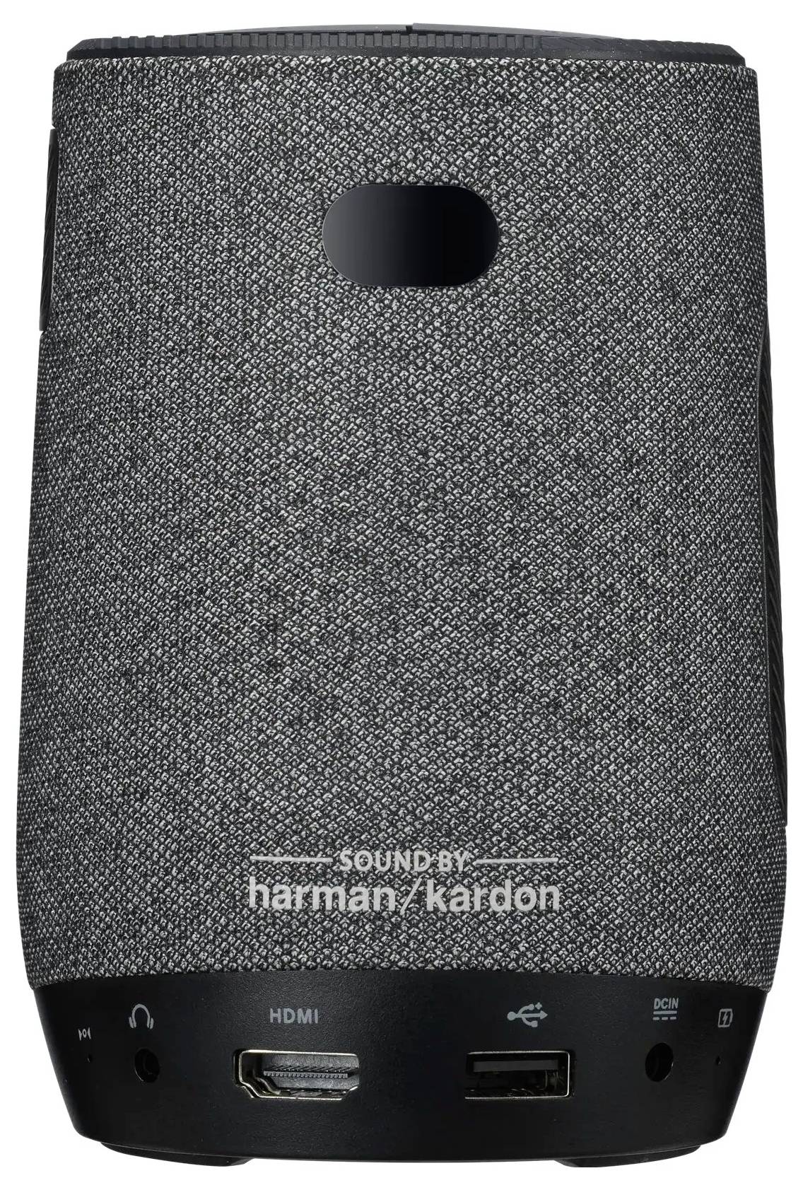 Ein grauer, zylindrischer Smart Speaker mit der Aufschrift 