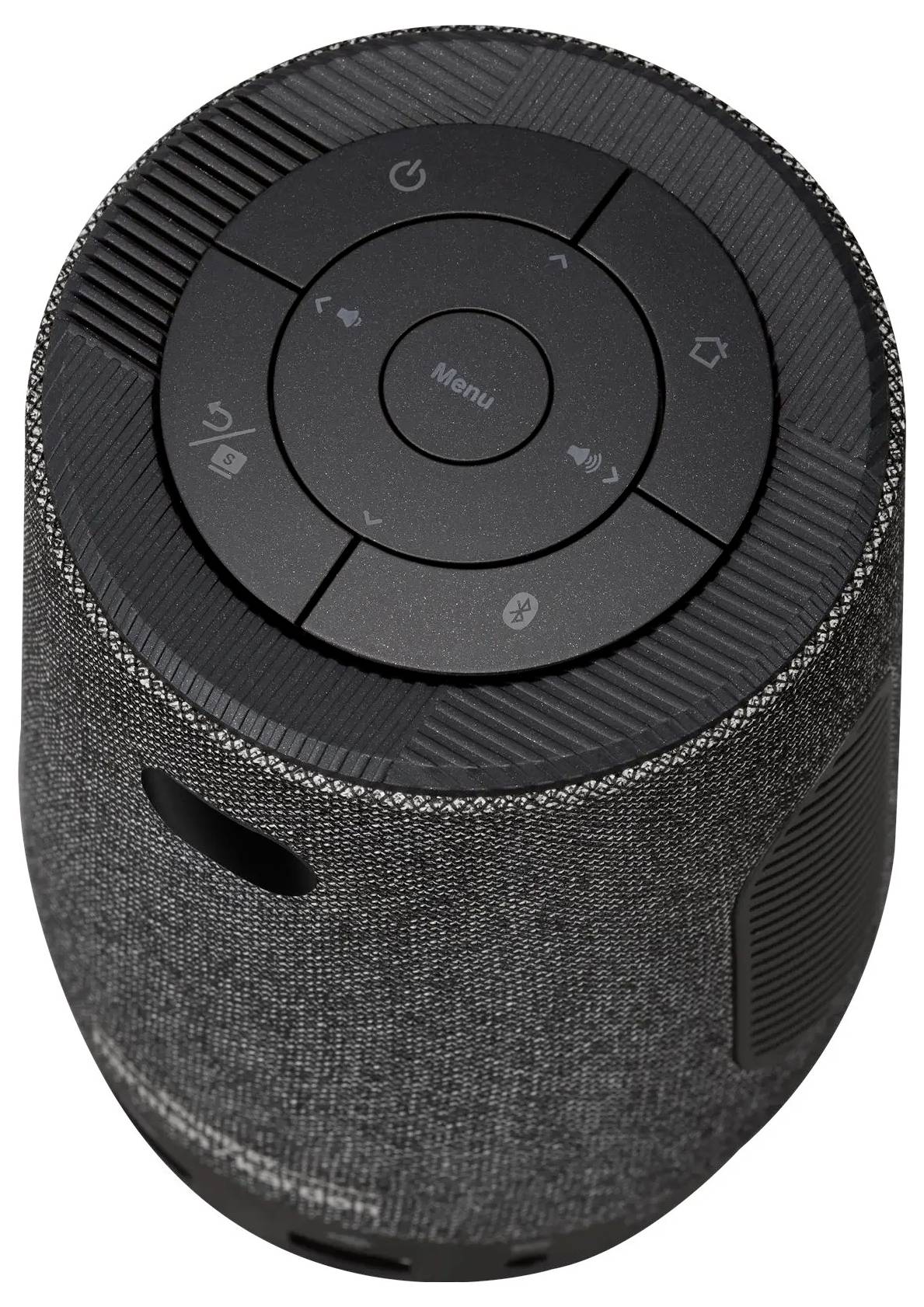 Ein zylindrischer grauer Bluetooth-Lautsprecher mit Bedienungstasten auf der Oberseite, einschließlich Ein/Aus-, Menü-, Wiedergabe- und Lautstärkesteuerung.