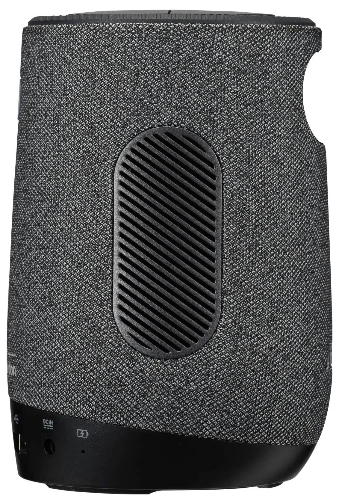 Ein kompakter, zylindrischer Smart-Lautsprecher mit Stoffaußenhülle und zentraler Belüftungsöffnung, entwickelt für Audioiedergabe und Sprachsteuerung.