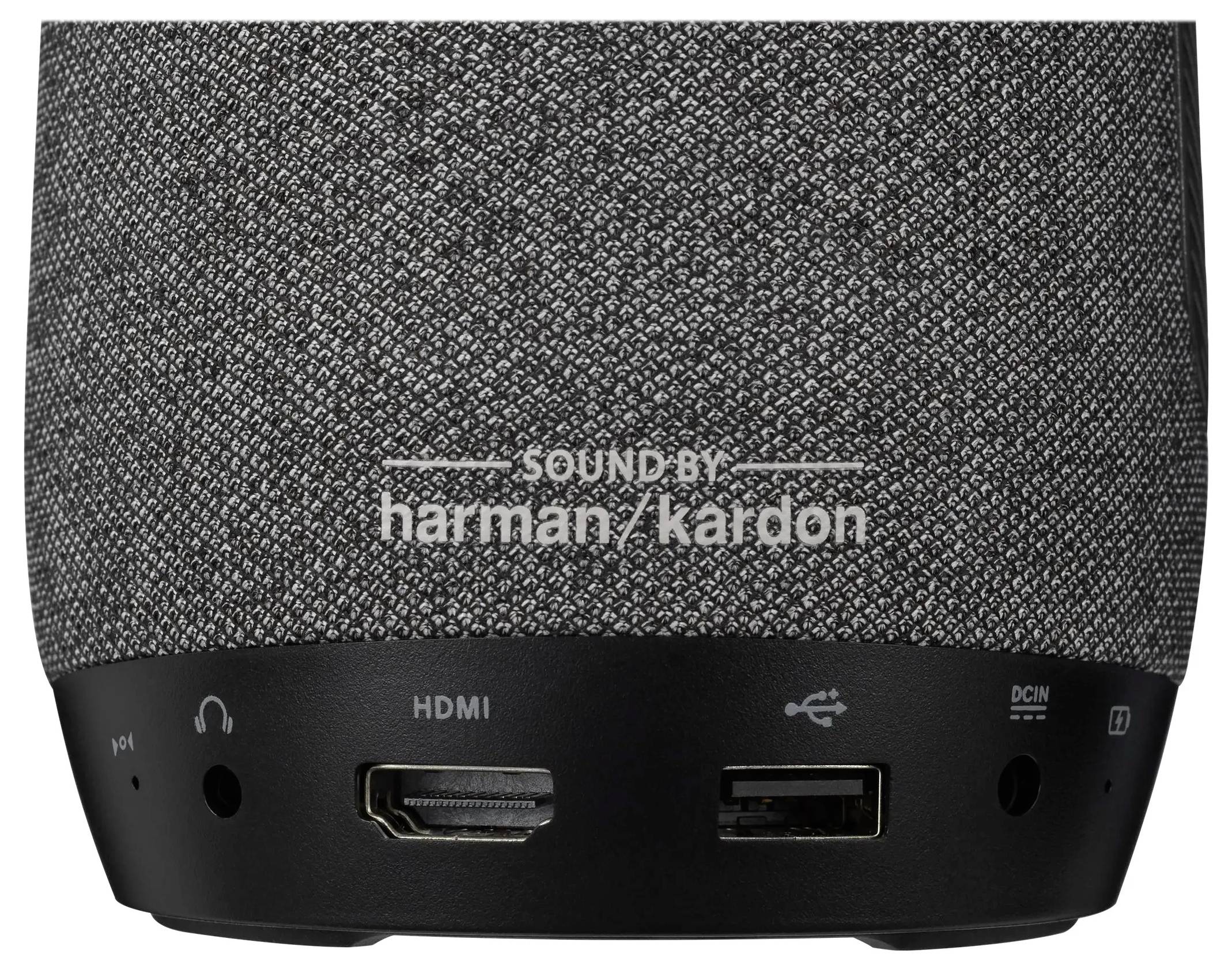 Nahaufnahme des unteren Panels eines Lautsprechers mit strukturiertem Stoff und Anschlüssen: Kopfhörerbuchse, HDMI, USB und Stromanschluss.
