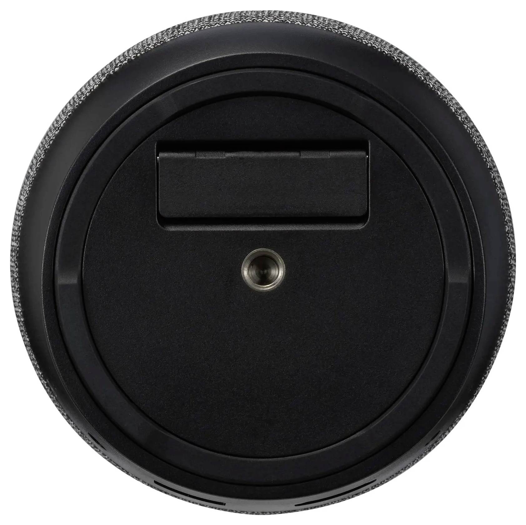 Draufsicht eines runden, schwarzen tragbaren Bluetooth-Lautsprechers mit Stoffbezug und Bedienungstasten an der Seite.
