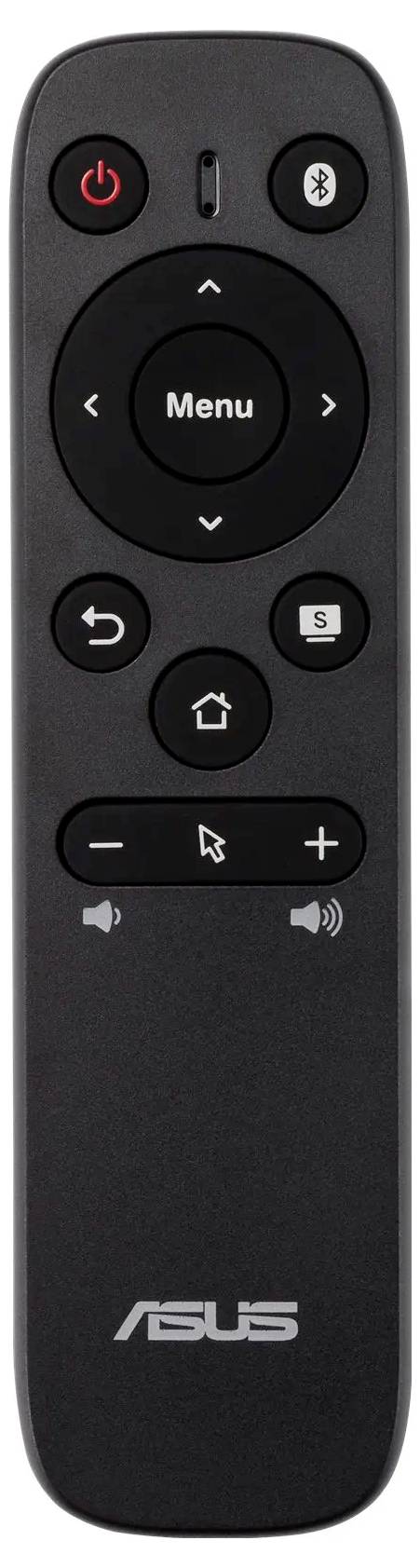 Eine schwarze Asus-Fernbedienung mit Tasten für Ein/Aus, Menünavigation, Lautstärke, Startbildschirm und Medienfunktionen.