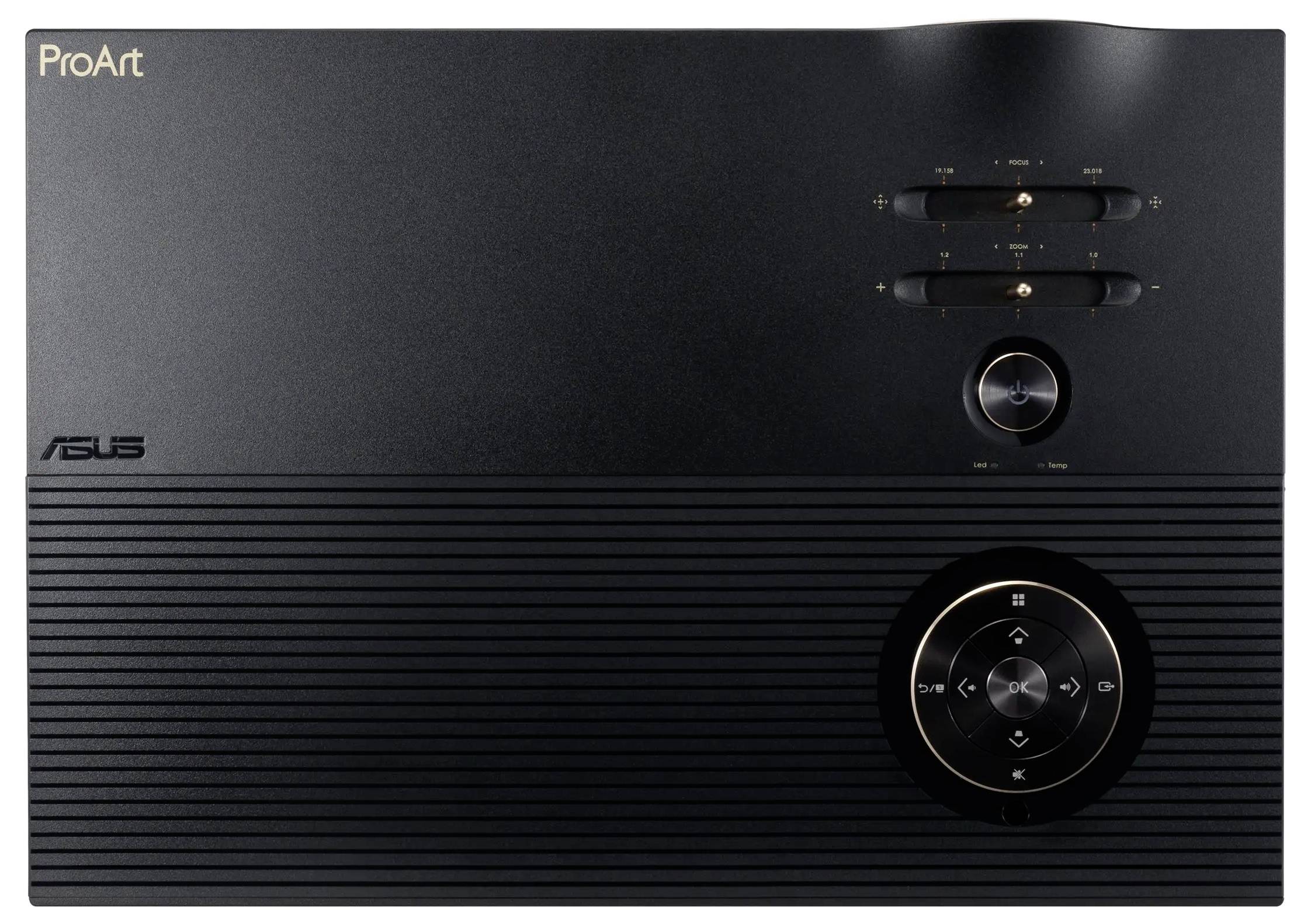 Eine Draufsicht eines schwarzen elektronischen Geräts mit beschrifteten Drehknöpfen und Schiebereglern. Die Wörter 'ProArt' und 'ASUS' sind sichtbar, was auf professionelle Audio- oder Videoausrüstung hindeutet.