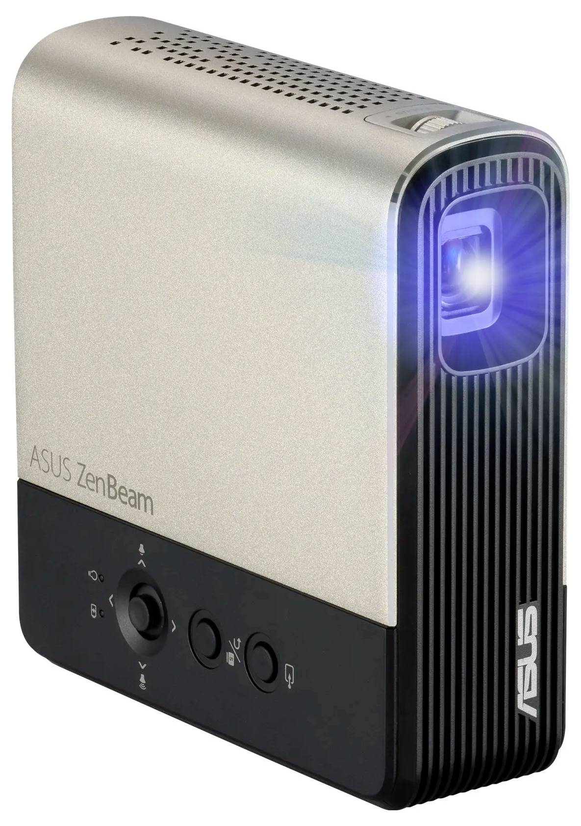 Ein kompakter, rechteckiger Projektor mit 'ASUS ZenBeam'-Text, der von der rechten Seite des Geräts durch die Linse blaues Licht abstrahlt.