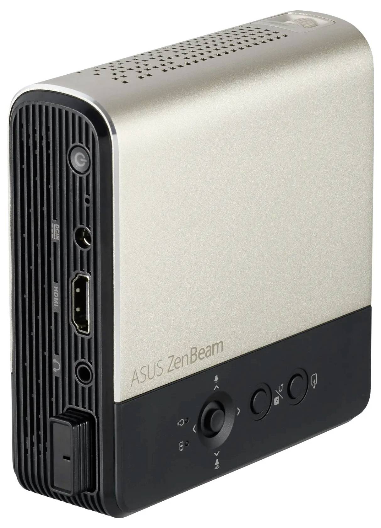 Ein silberner ASUS ZenBeam tragbarer Projektor, der seitliche Anschlüsse und Bedienungstasten zeigt, entwickelt für einfache Konnektivität und Mobilität.