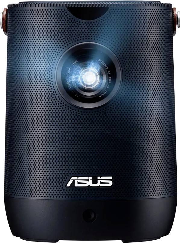Ein kompakter, schwarzer ASUS-Tragprojektor mit einer leuchtenden Linse, entwickelt für Heimunterhaltung und Präsentationen.