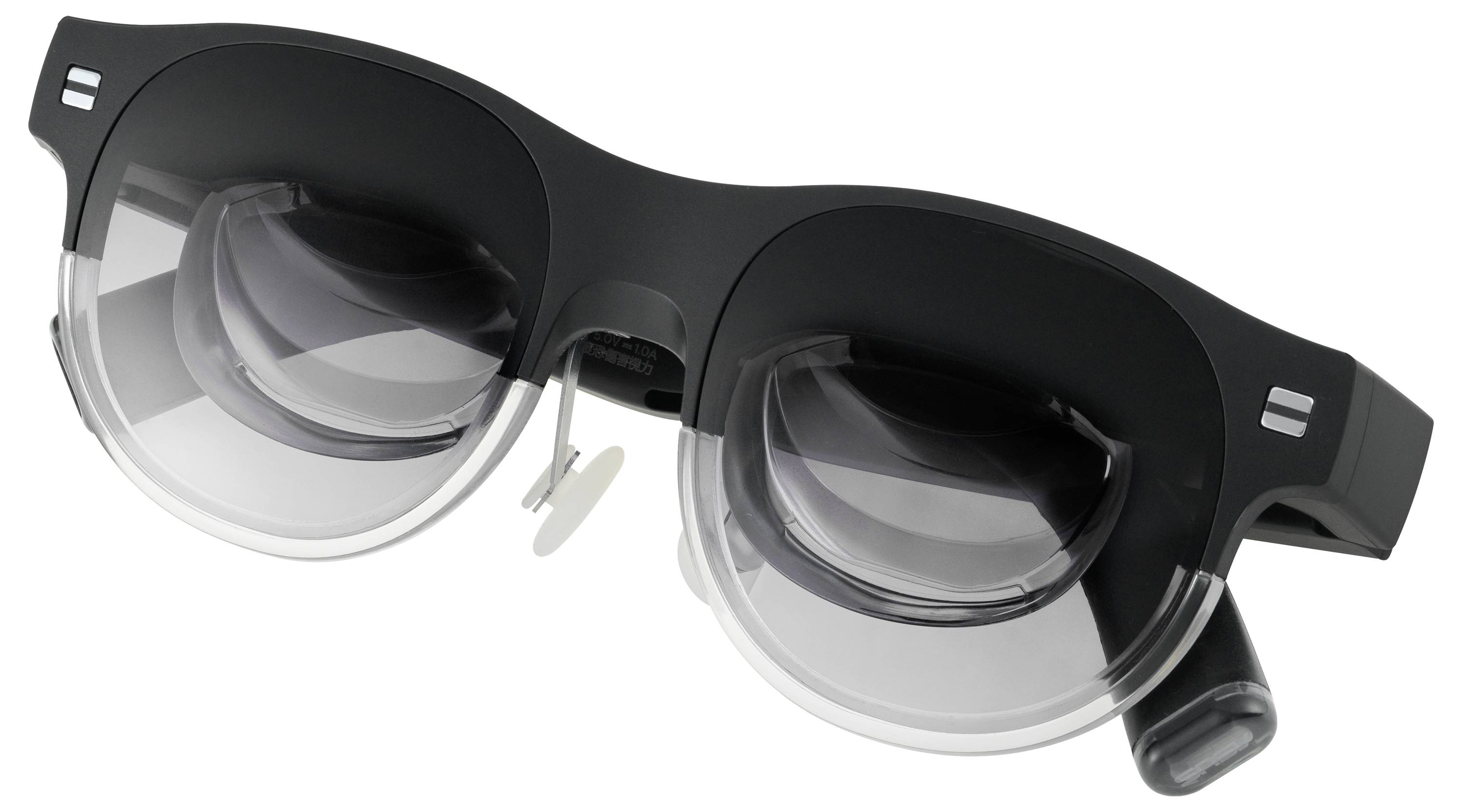 Schwarze intelligente Brille mit integrierten Lautsprechern und transparenten Gläsern, entwickelt für Augmented-Reality-Erlebnisse.
