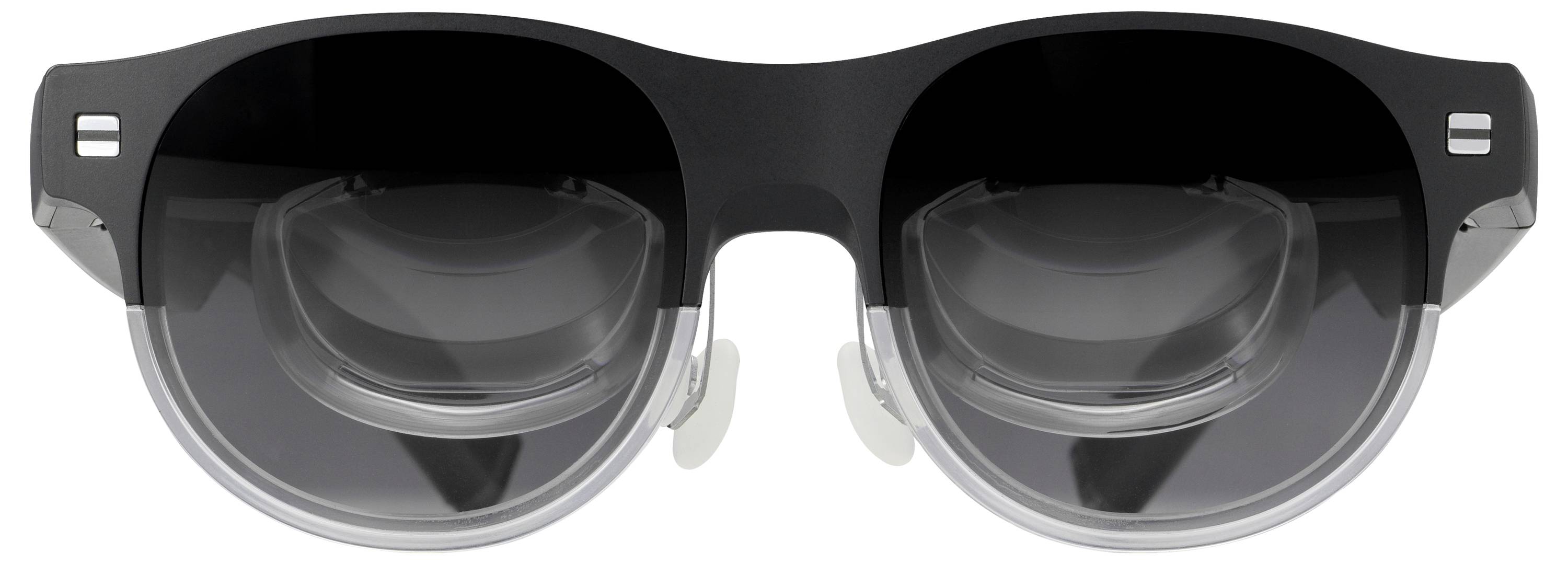 Schwarzgerahmte Brille mit dunkel getönten Gläsern und klaren, runden Innenfassungen, von vorne betrachtet.